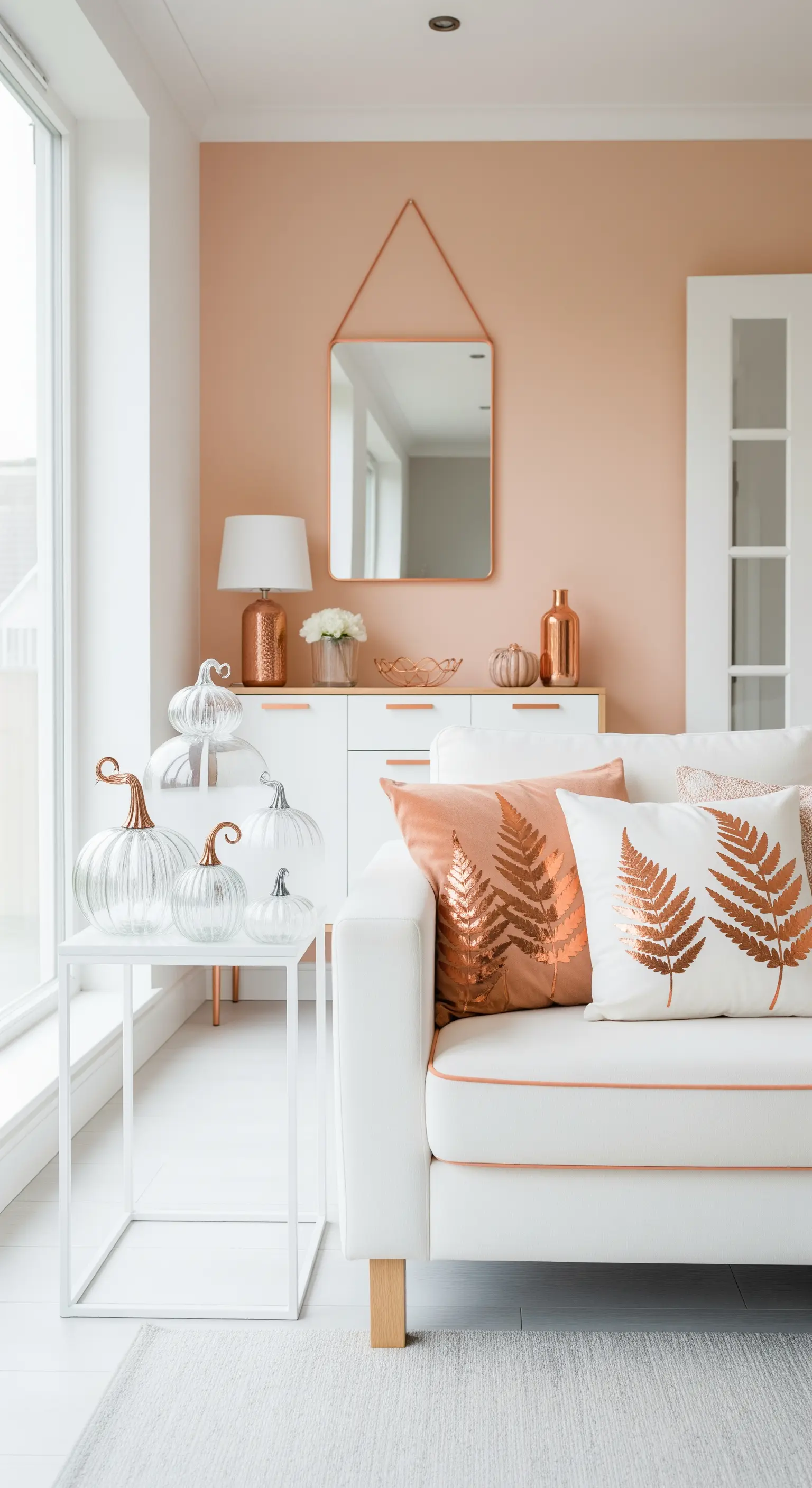 Weißes Sofa mit Kupferkissen, Glas-Kürbissen und rosafarbener Wand.