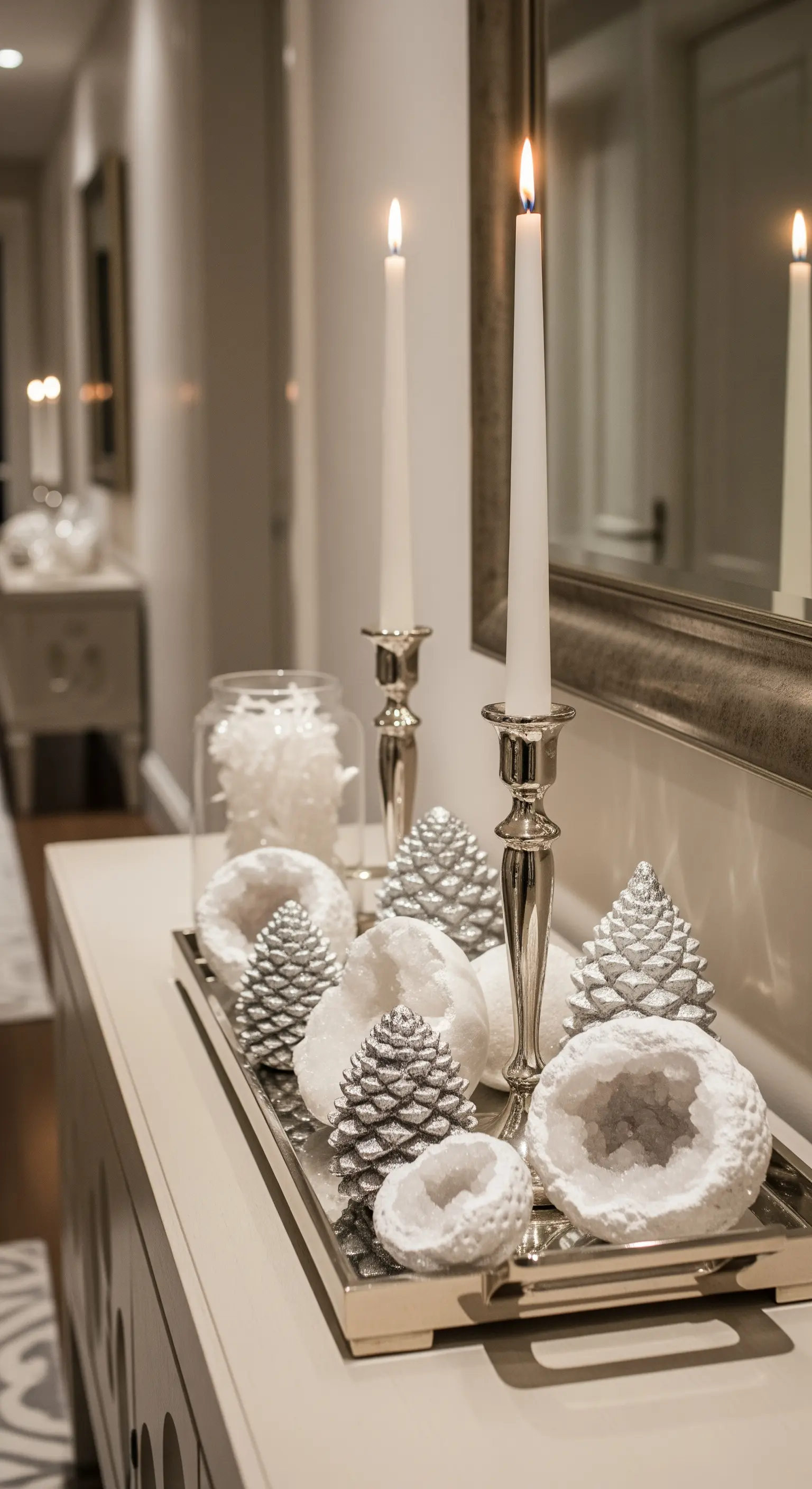 Silbertablett mit weißen Geoden, silbernen Tannenzapfen und Kerzen.