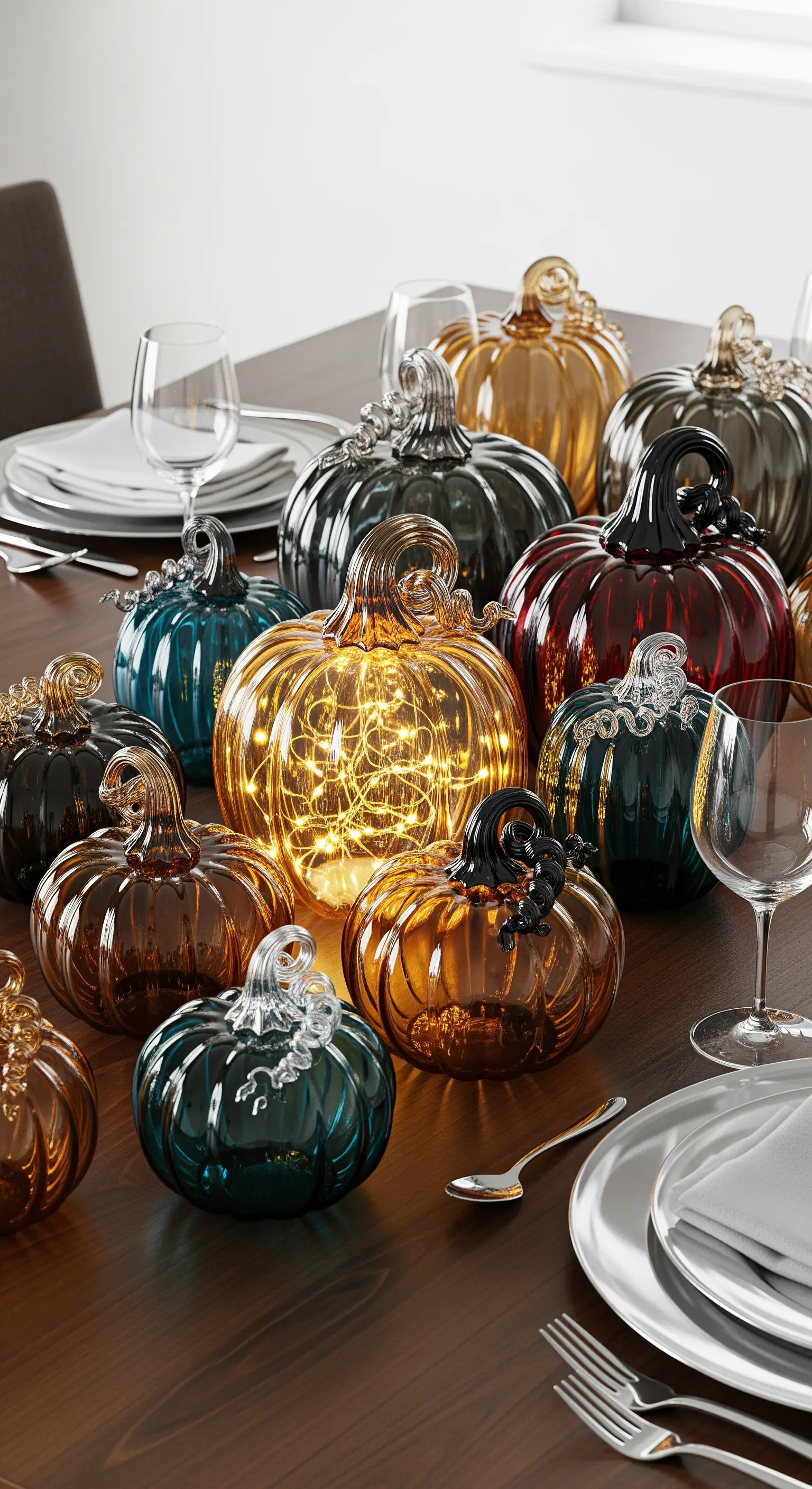 Eine Sammlung von bunten Glaskürbissen, einer davon mit einer Lichterkette gefüllt.