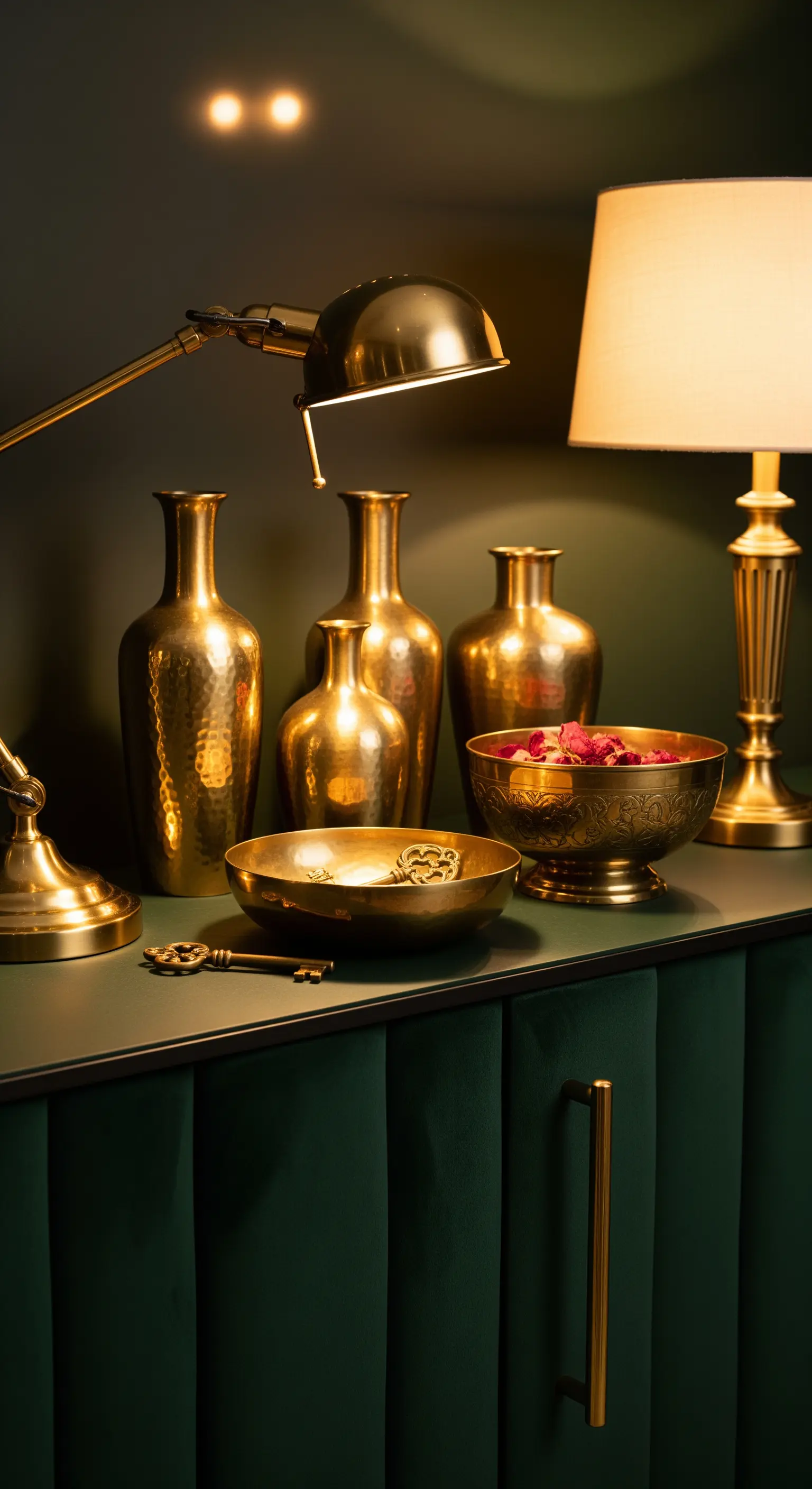 Messingvasen und -schalen, Schreibtischlampe, grüne Samtkommode