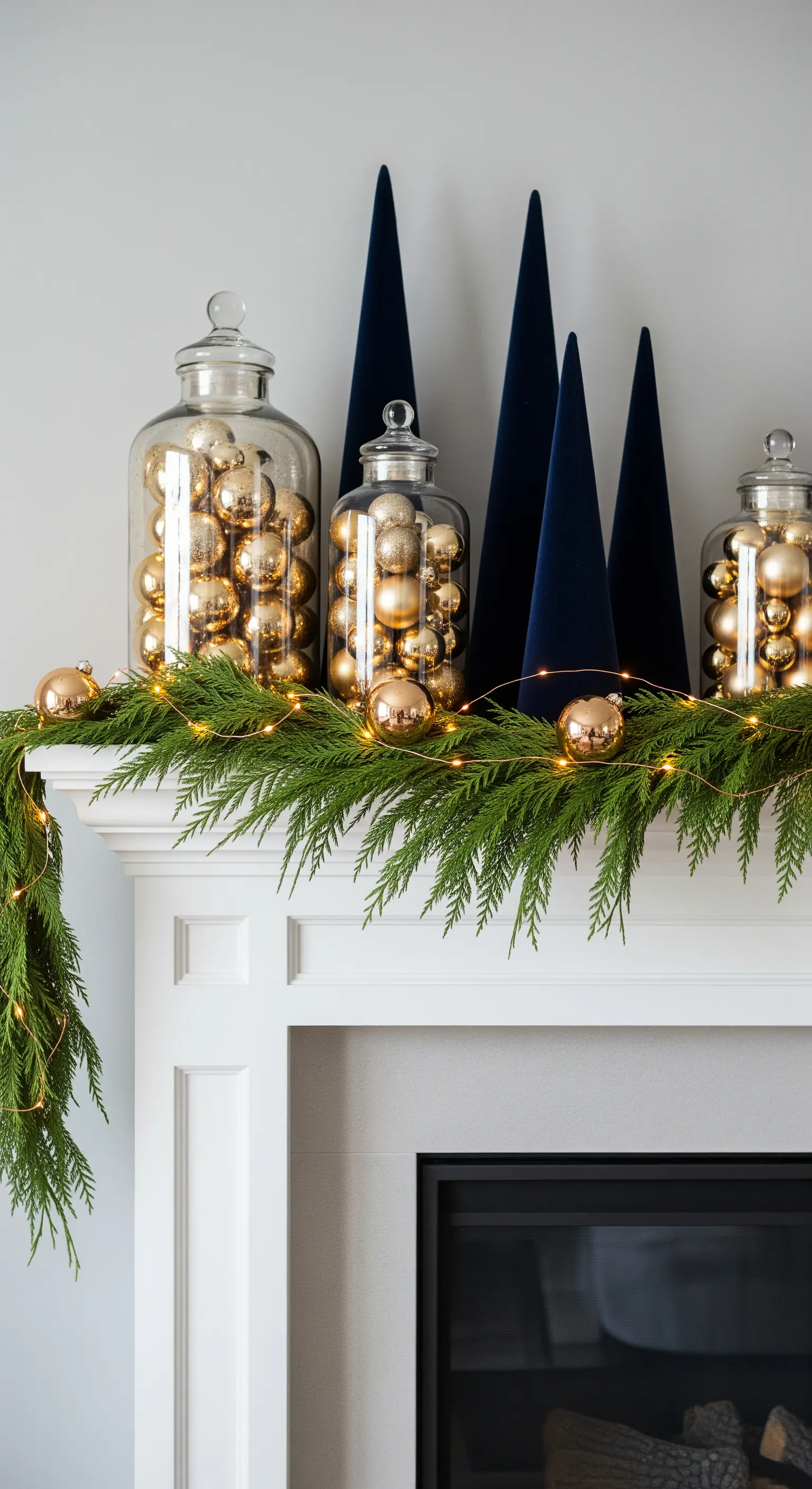 Weißer Kamin mit grüner Girlande, goldenen Kugeln in Gläsern und blauen Samt-Tannen