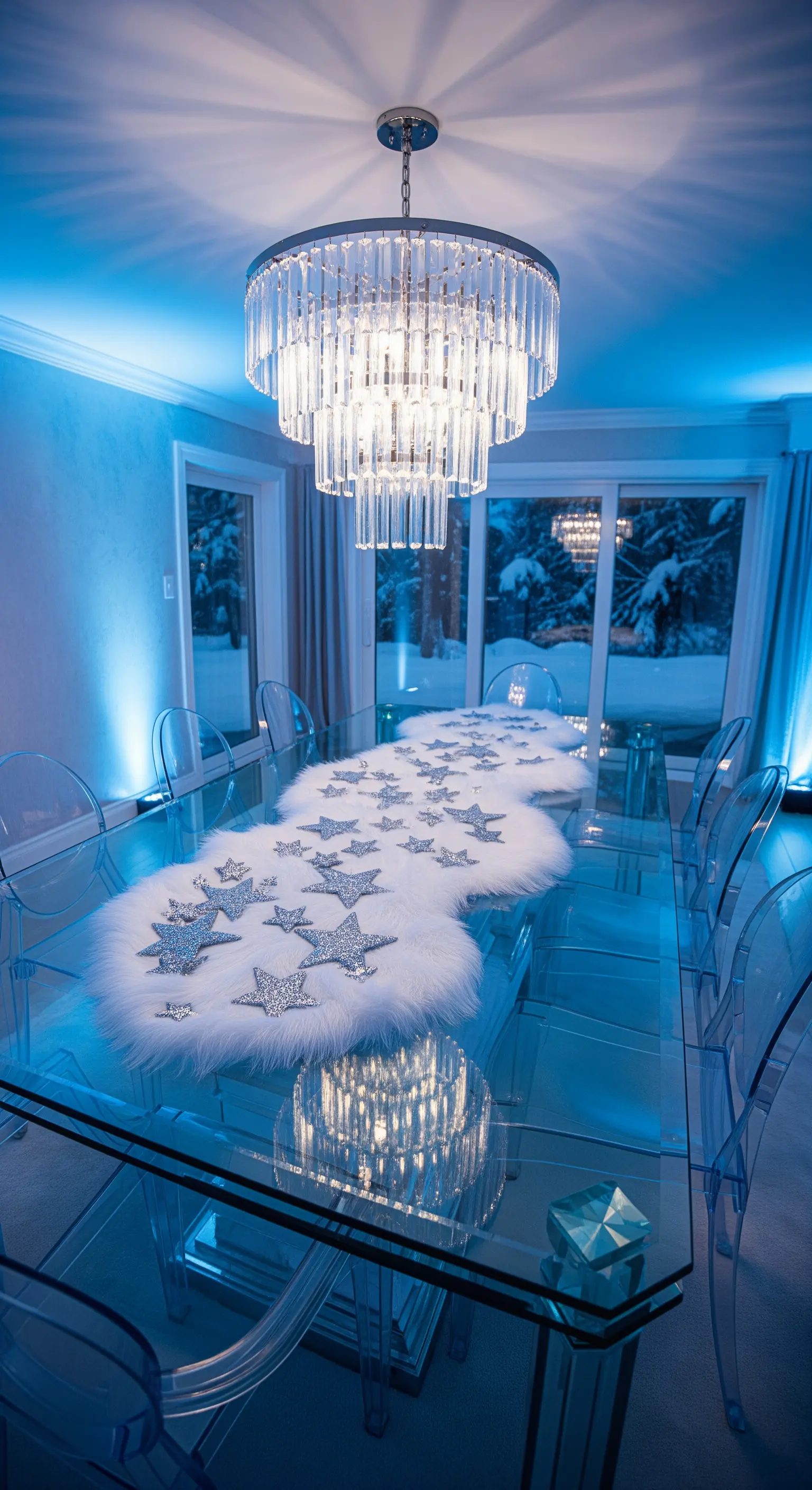 Esstisch mit Glasplatte, weißem Kunstpelzläufer, silbernen Sternen und Kristallleuchter.