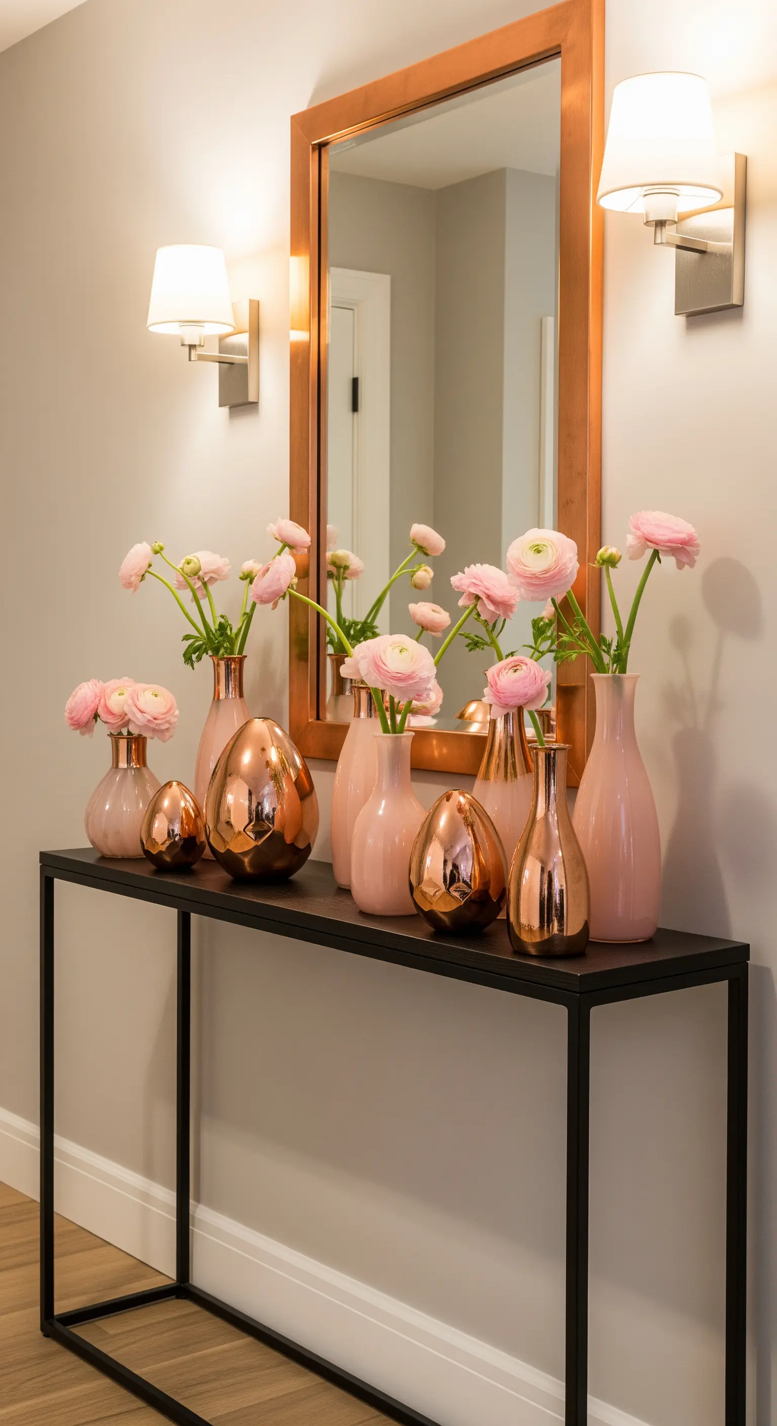 Konsole mit roségoldenen Eiern, pinken Vasen und Ranunkeln.