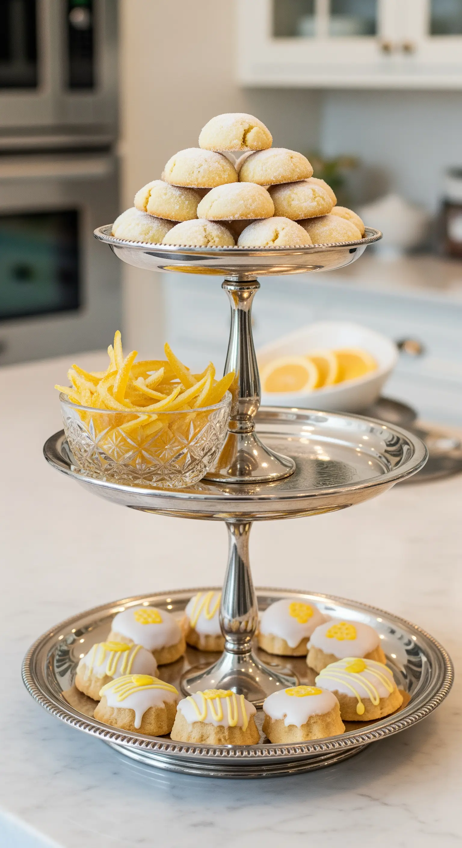 Vintage-Silber-Etagere mit Puderzuckergebäck, kandierten Zitronenschalen und kleinen Keksen.