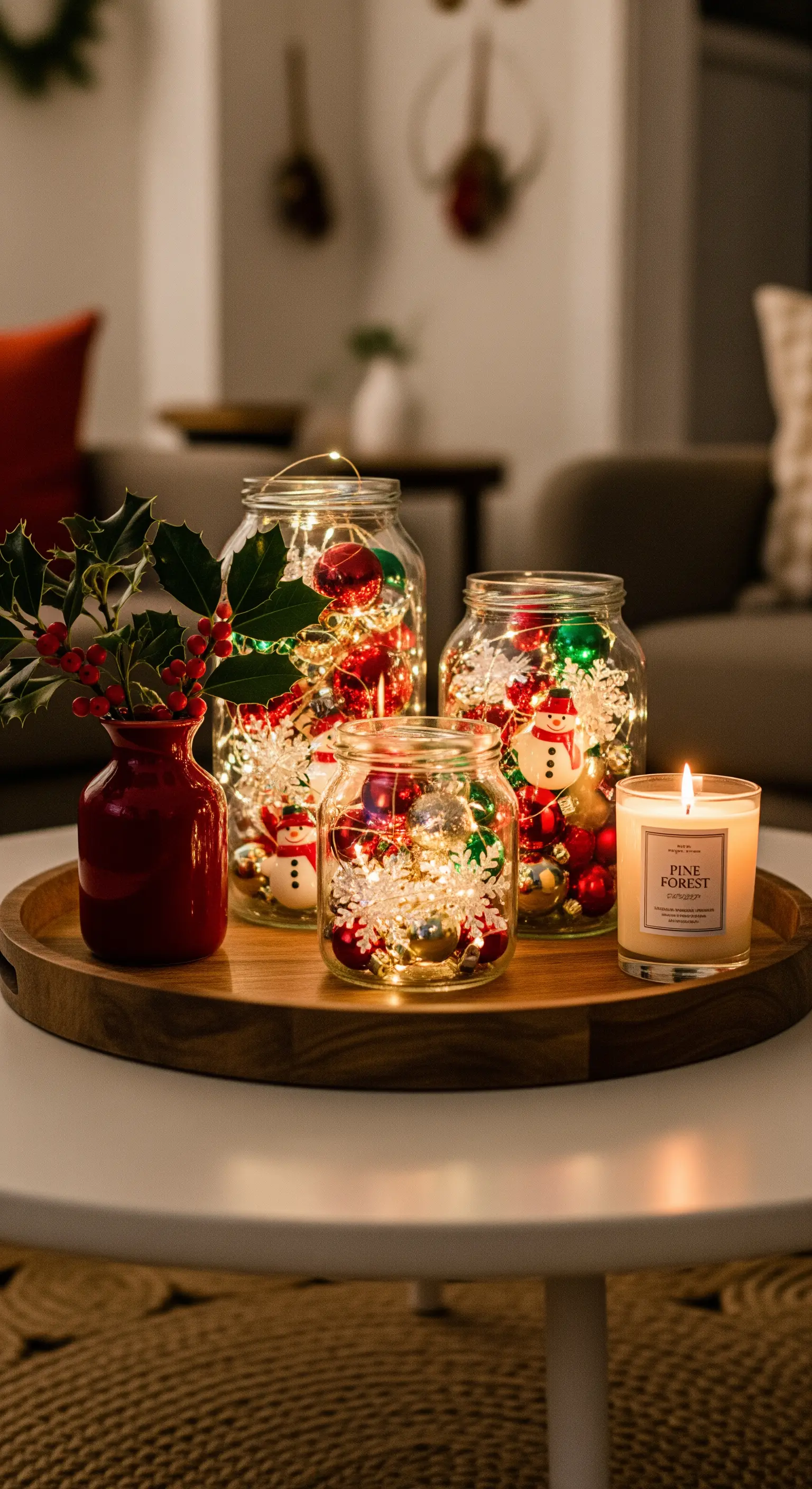 Glasgefäße mit Weihnachtskugeln und Lichterketten auf einem Holztablett mit Kerze.