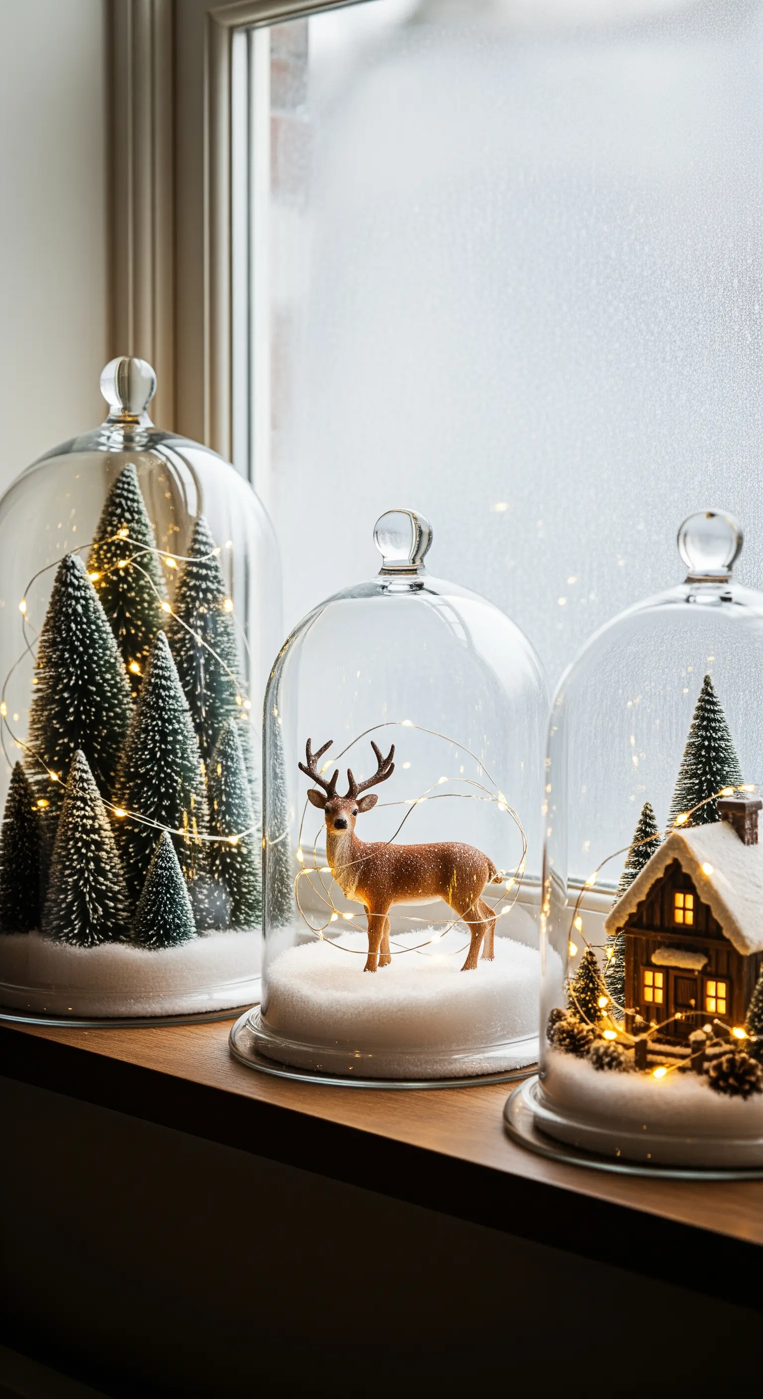 Drei Glasglocken mit Miniatur-Tannenbäumen, Hirsch und beleuchtetem Haus im Kunstschnee mit Lichterketten