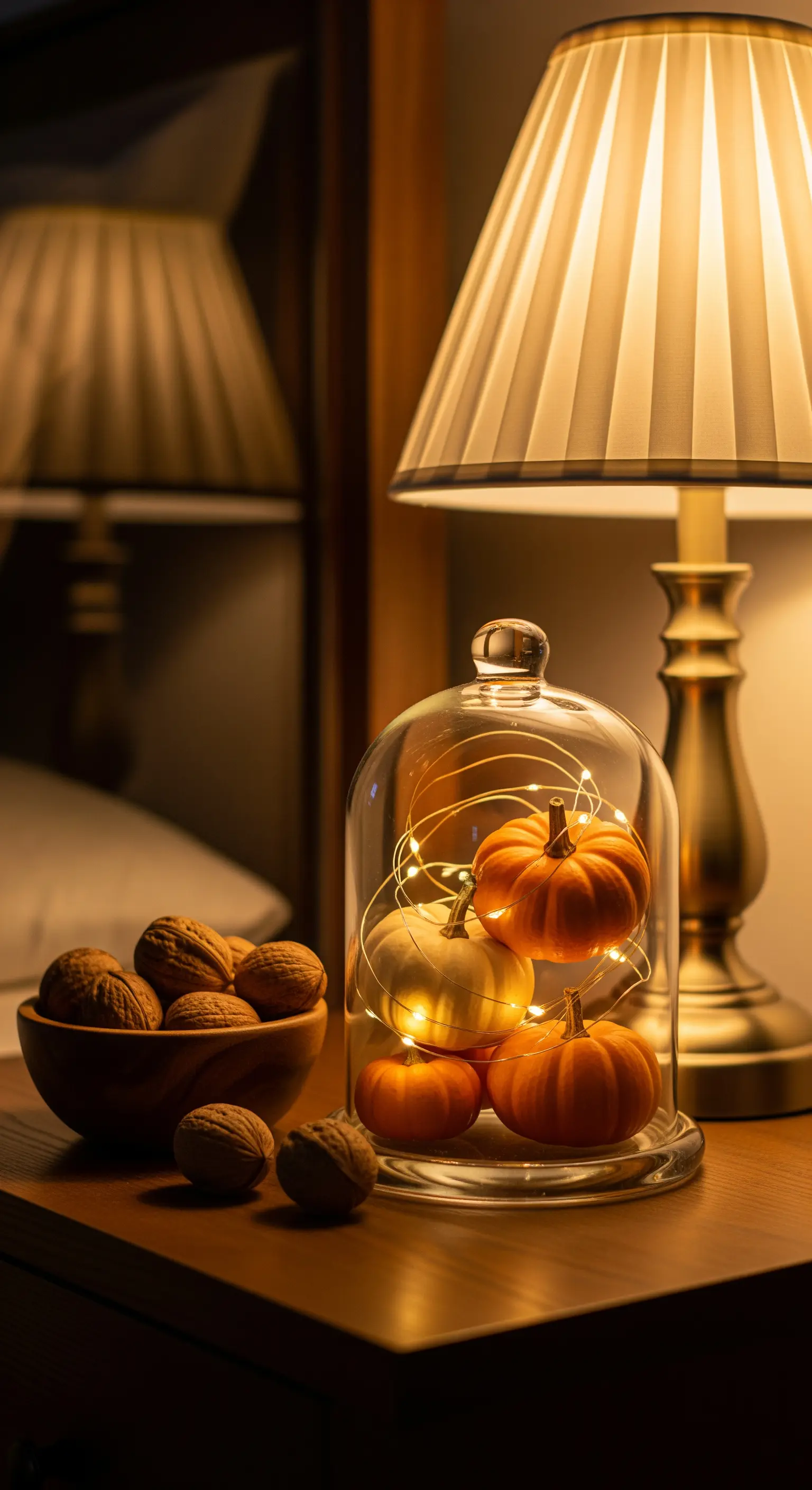 Mini-Kürbisse und Lichterkette unter Glasglocke auf Nachttisch