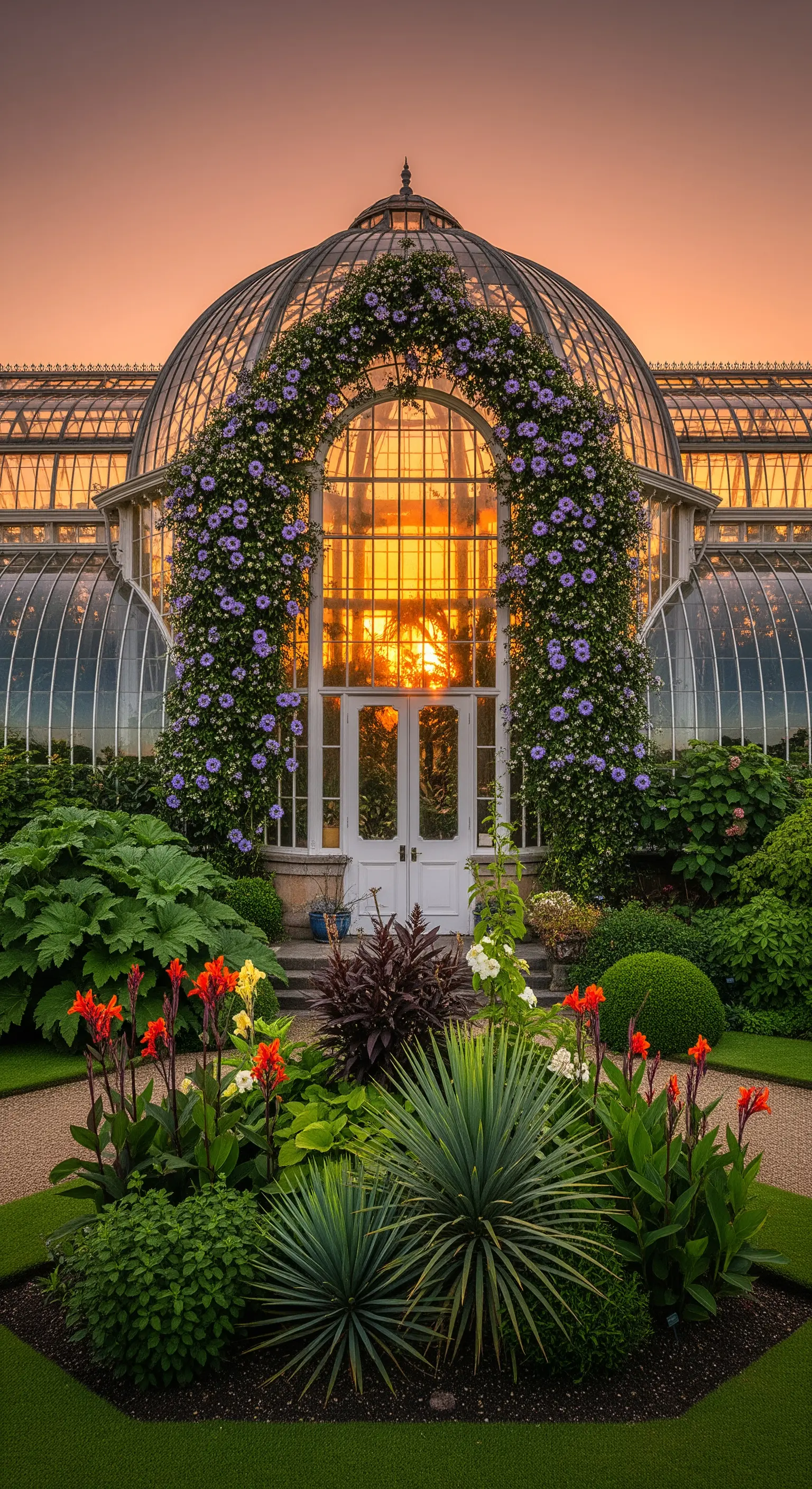 Glashaus, Blütenbogen, Sonnenuntergang, botanischer Garten