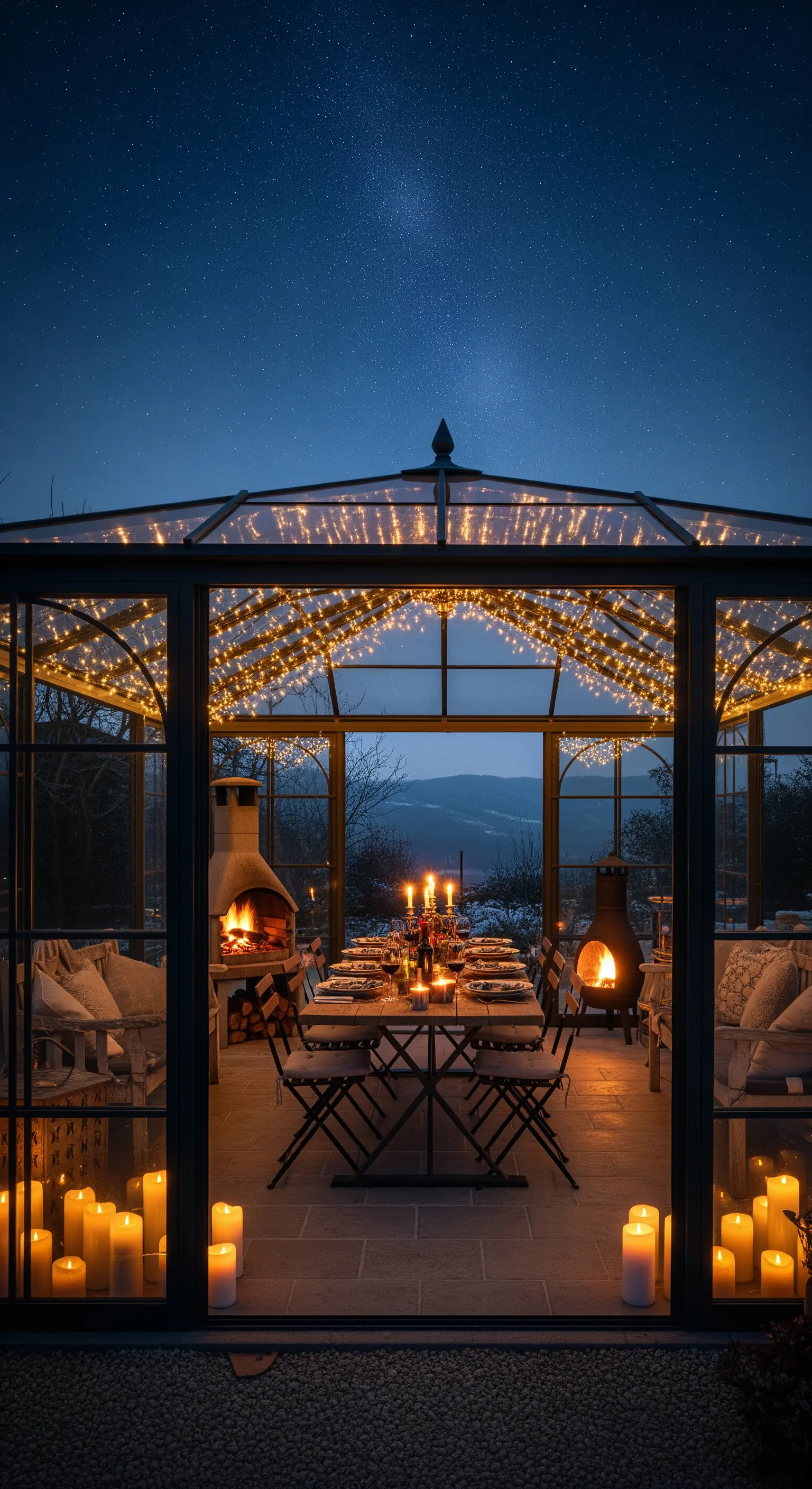 Glashaus, Lichterketten, Kamine, Esstisch, Kerzen