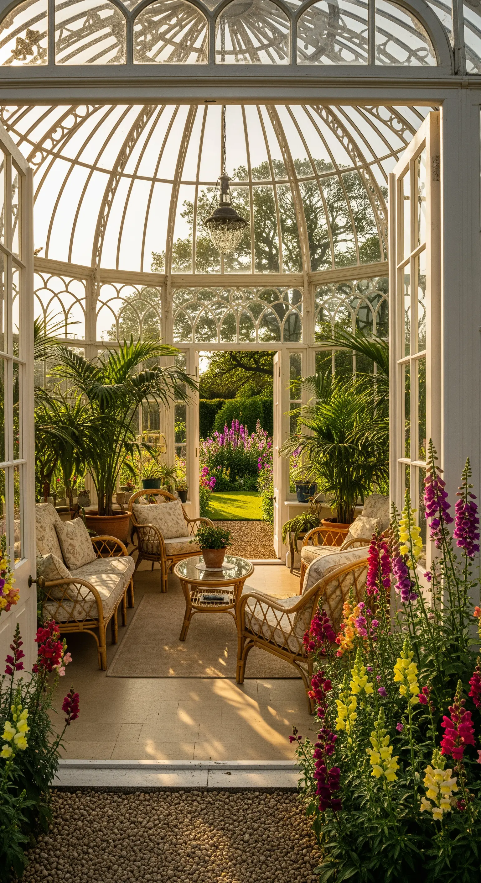 Glaspavillon mit Korbmöbeln und Pflanzen, öffnet sich zu einem blühenden Garten