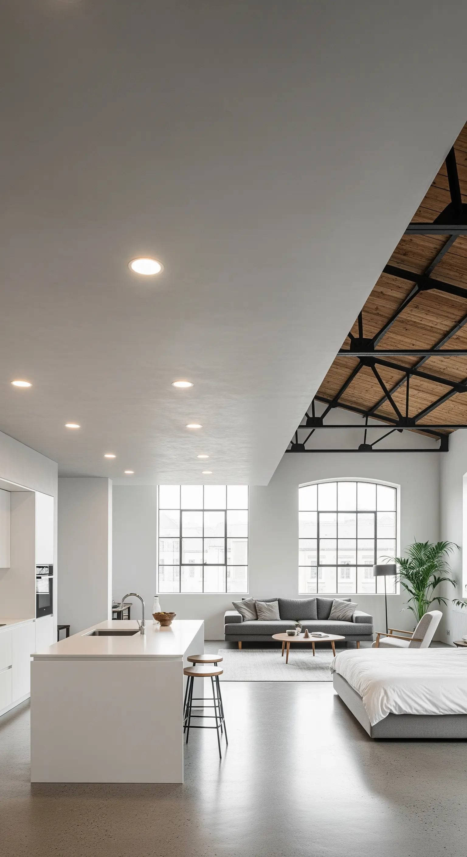 Loft-Apartment mit abgehängter Decke über der Küche und offener Holzdecke im Wohnbereich