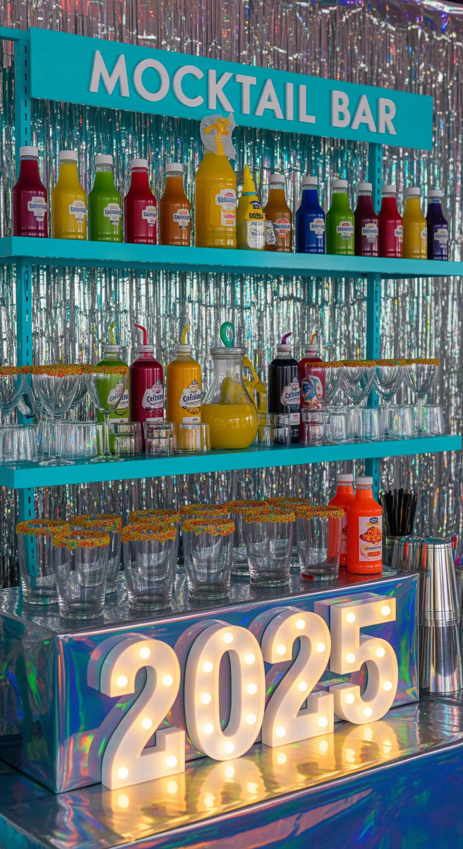Mocktail-Bar für Kinder mit leuchtenden 2025-Zahlen und Glitzerwand.