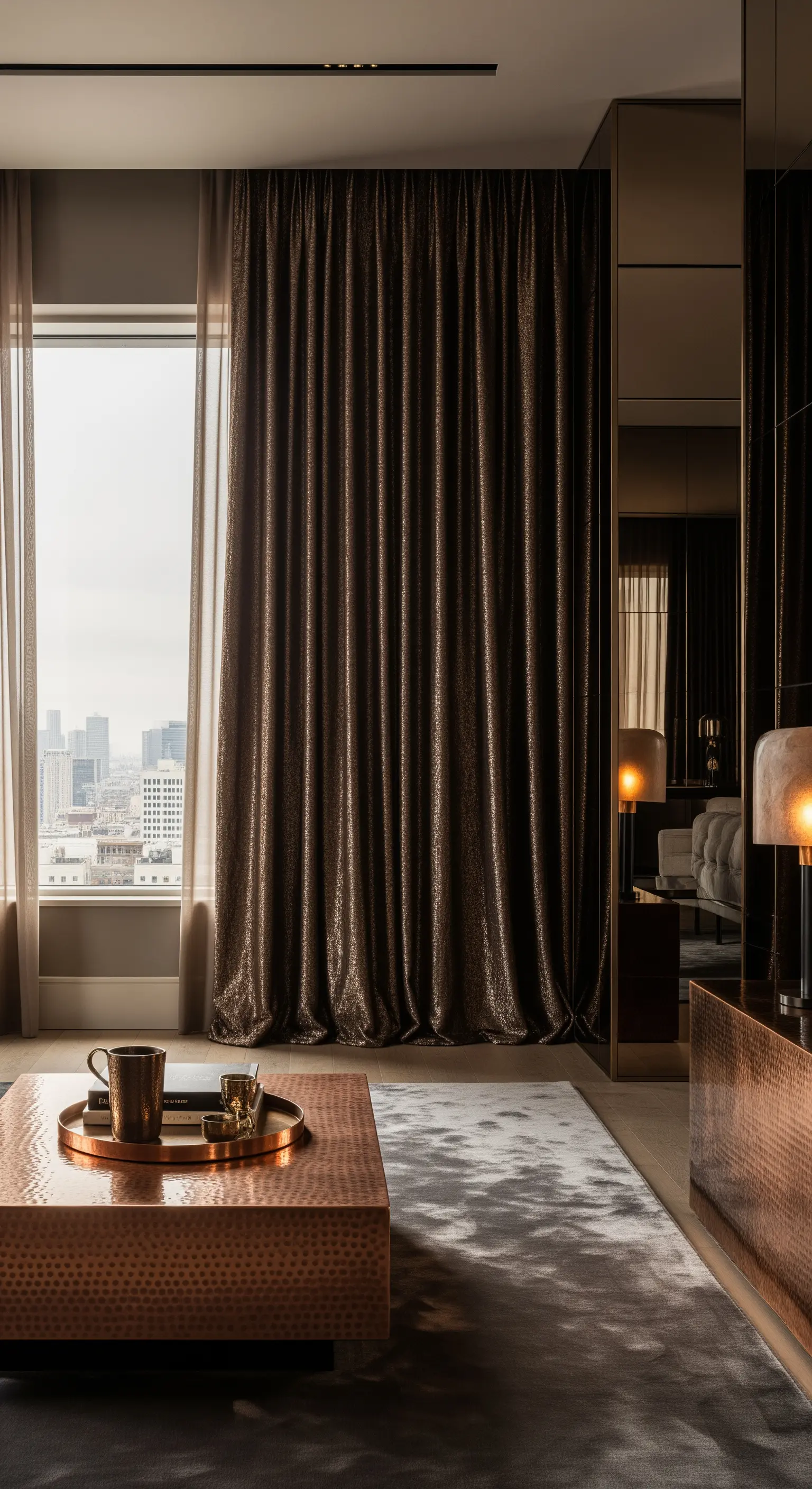 Wohnzimmer mit braunen Glitzervorhängen, Fellteppich und Kupfer-Couchtisch