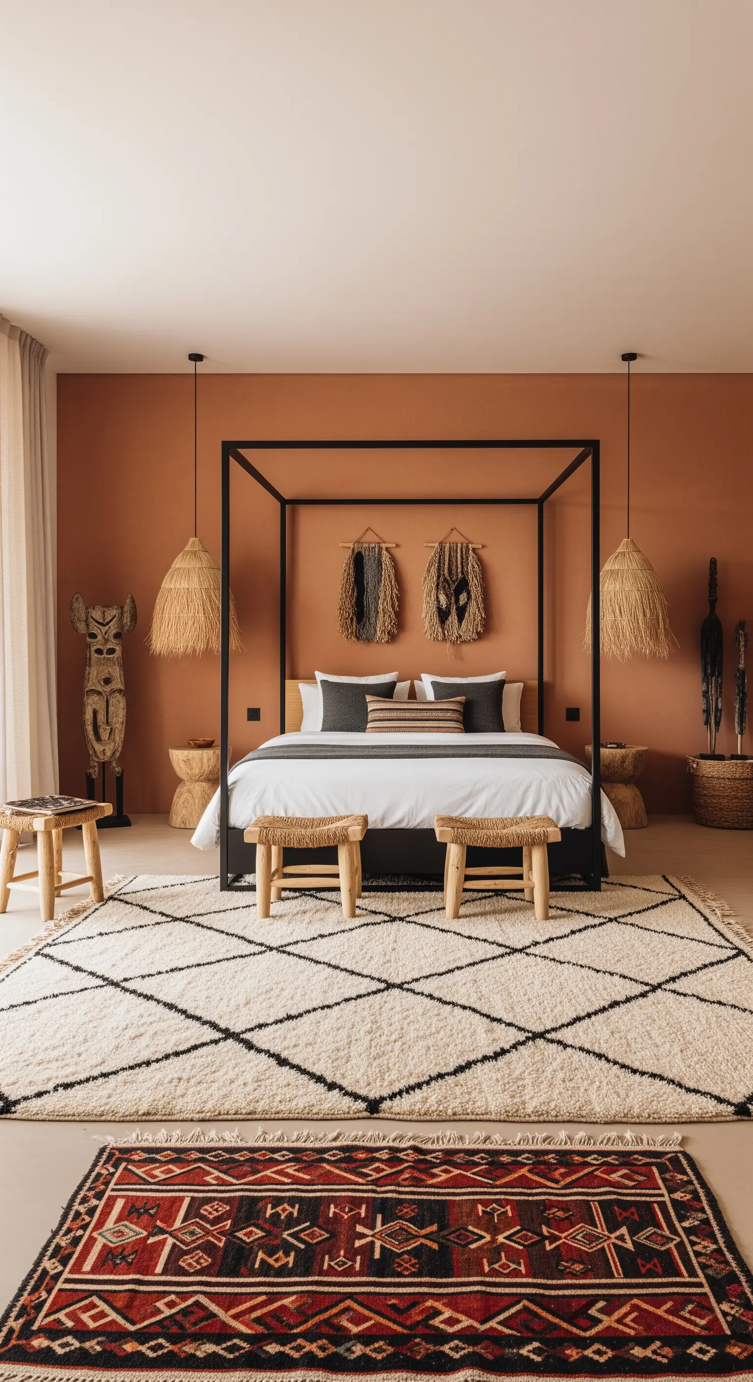 Boho-Schlafzimmer im Ethno-Stil mit einem bunten Kelim auf einem großen Berber-Teppich