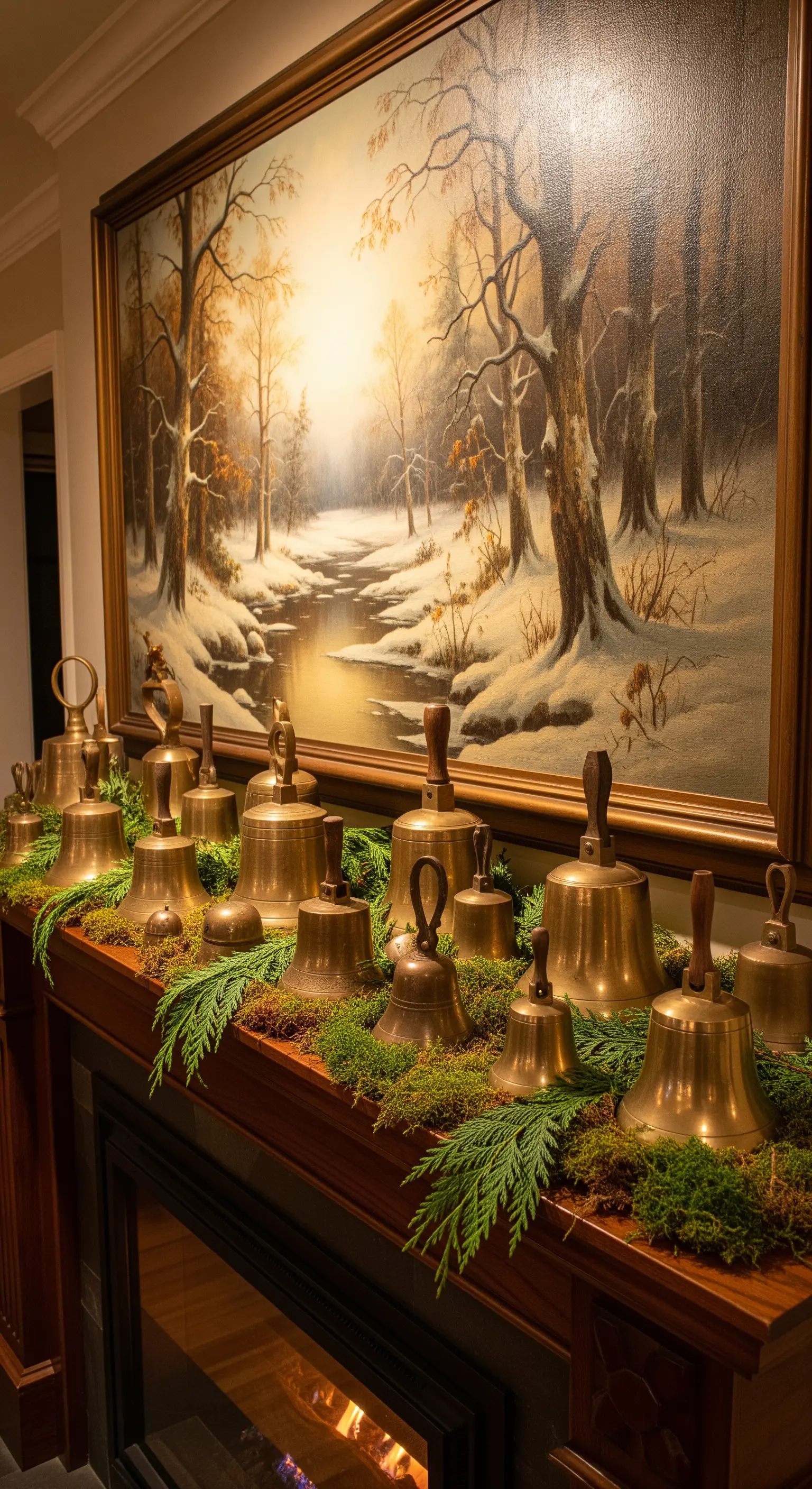 Messingglocken, Wintergrün und Gemälde über dem Kamin