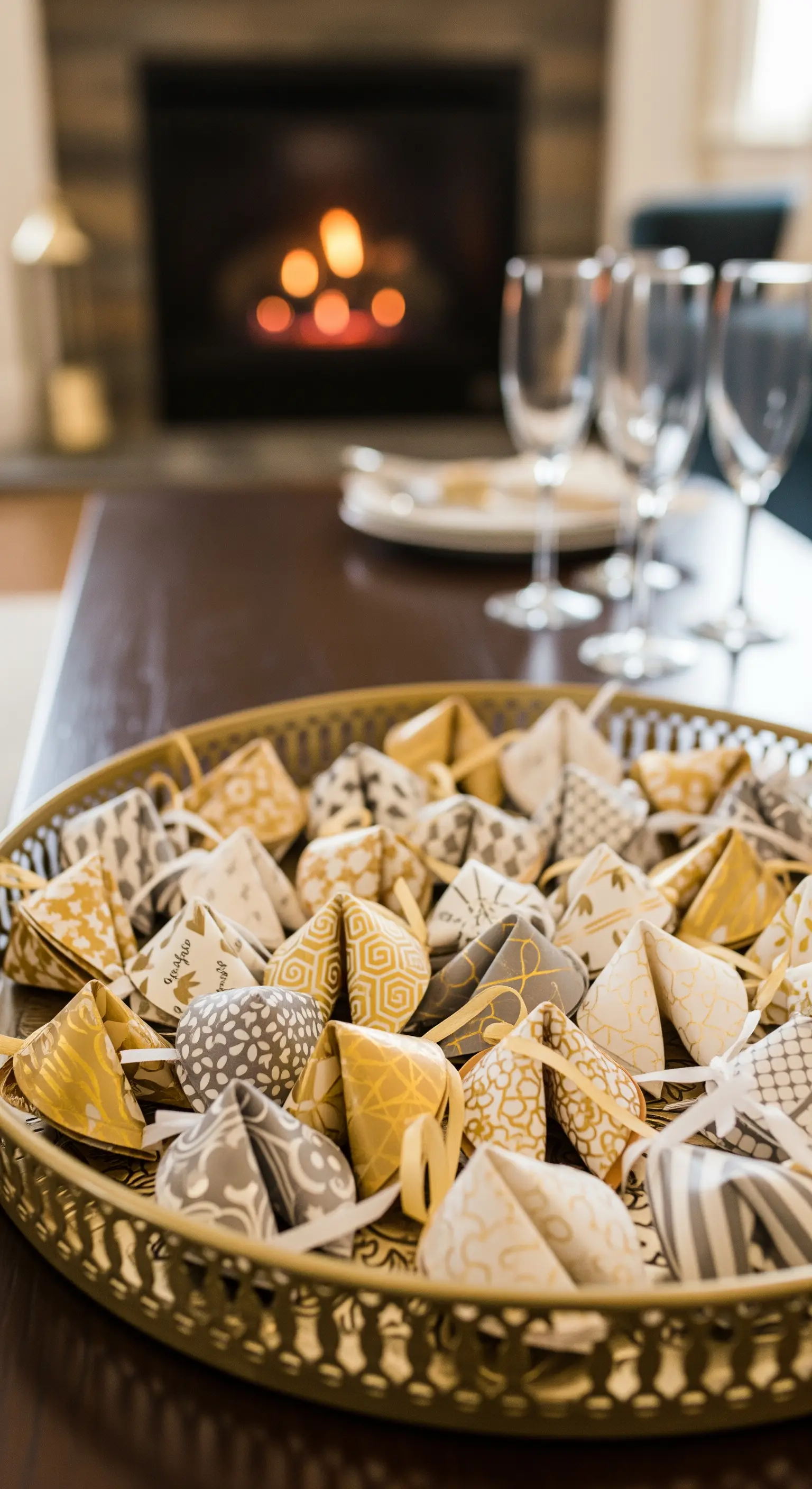 Handgemachte Glückskekse aus gemustertem Papier auf einem goldenen Tablett.