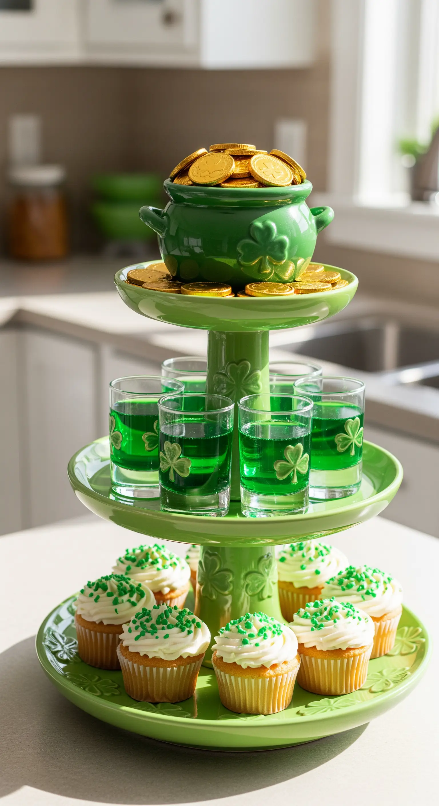 Grüne Etagere für St. Patrick's Day mit Goldmünzen, grünen Drinks und Cupcakes