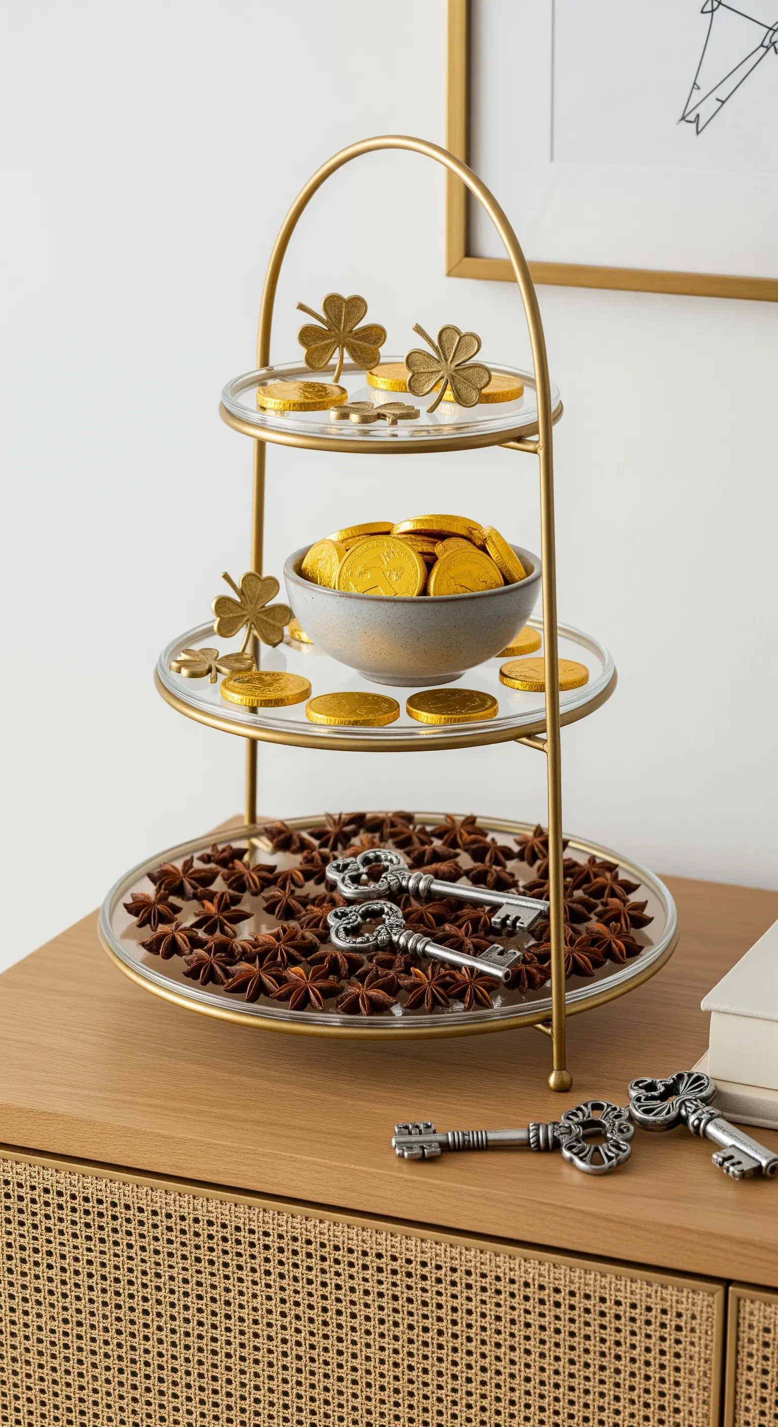 Goldene Etagere mit Glücksbringern für Silvester: Kleeblätter, Schlüssel, Münzen.