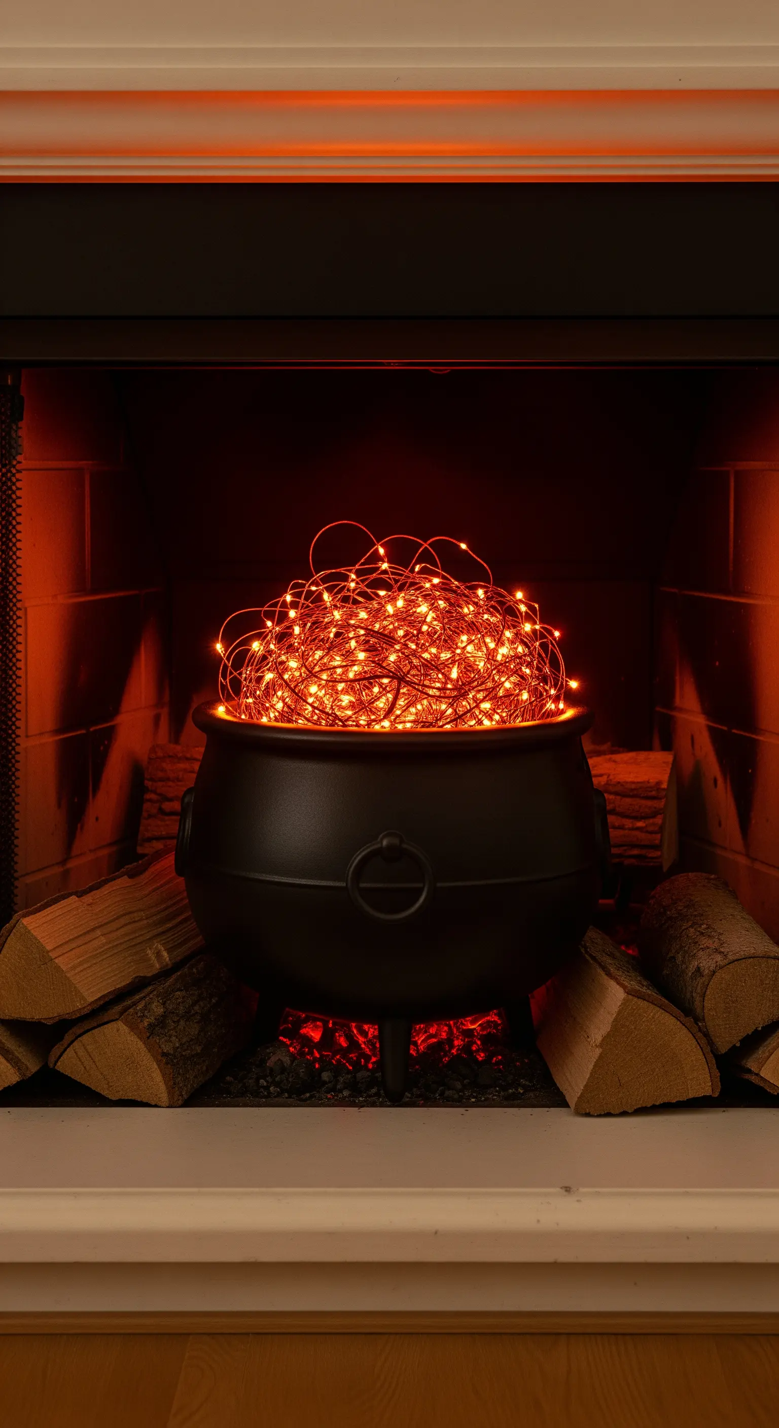 Ein schwarzer Kessel, gefüllt mit einer leuchtenden orangefarbenen Lichterkette, steht in einem Kamin.
