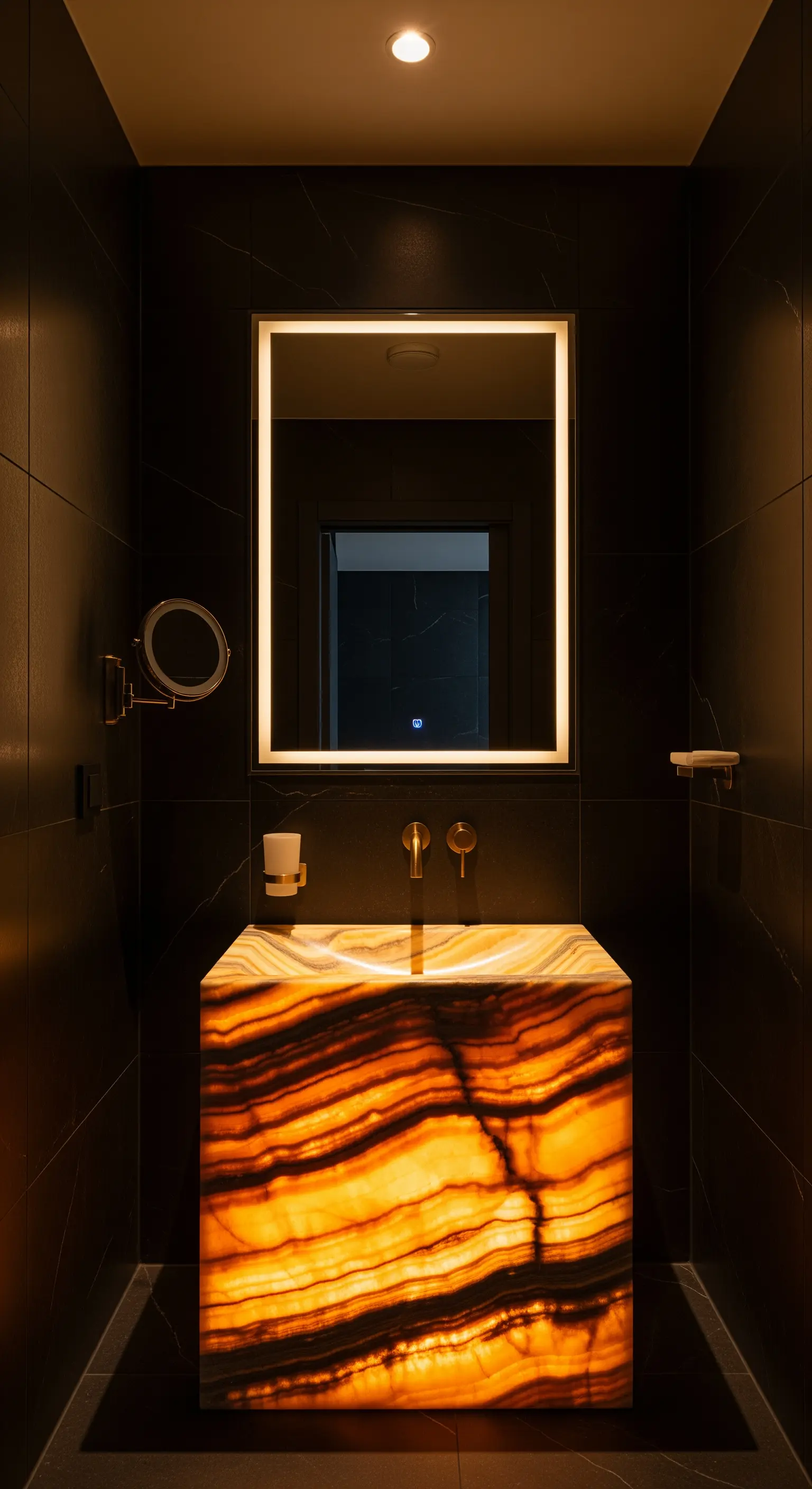 Hinterleuchtetes Waschbecken aus Onyx-Marmor, das in einem dunklen Bad glüht.