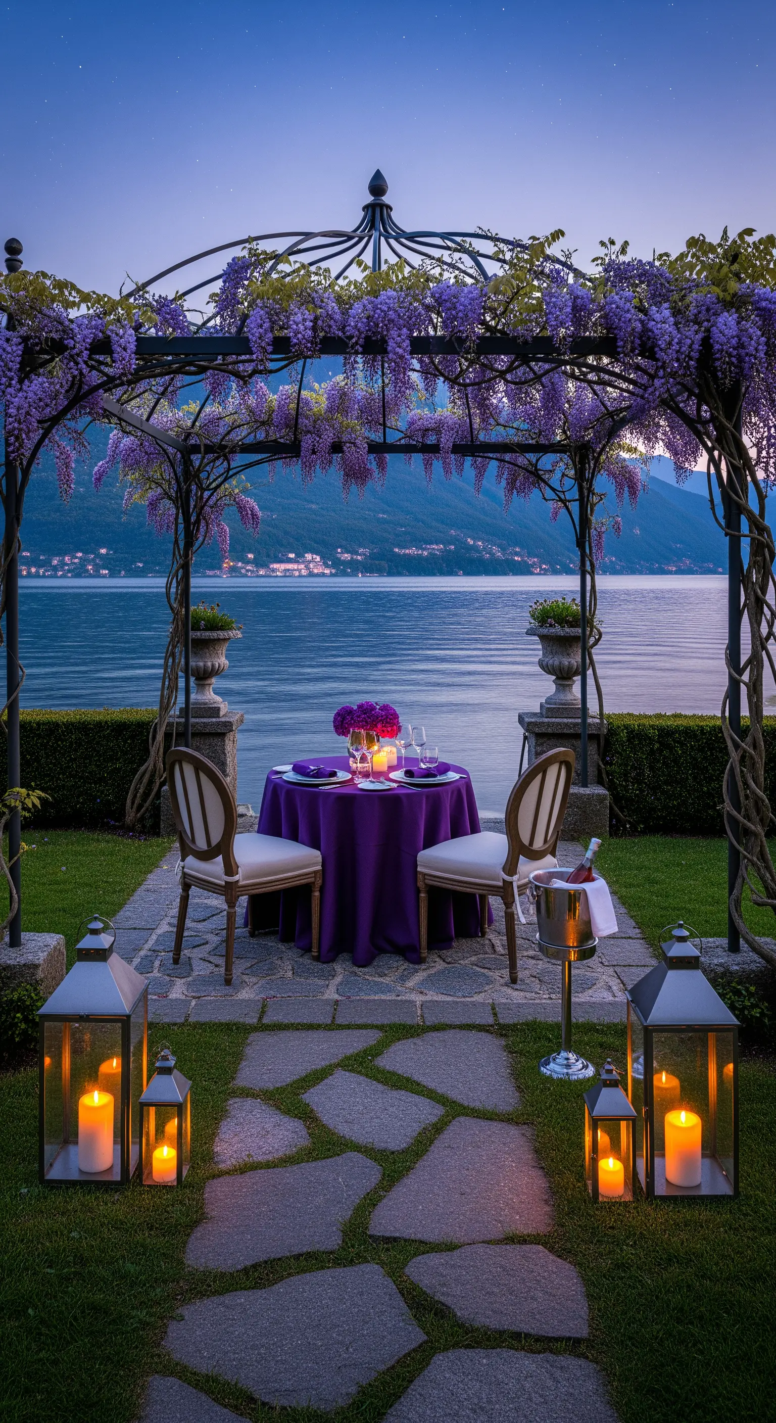 Glyzinien-Pergola, Seeufer, lila Tischdeko, Laternen, Sekt
