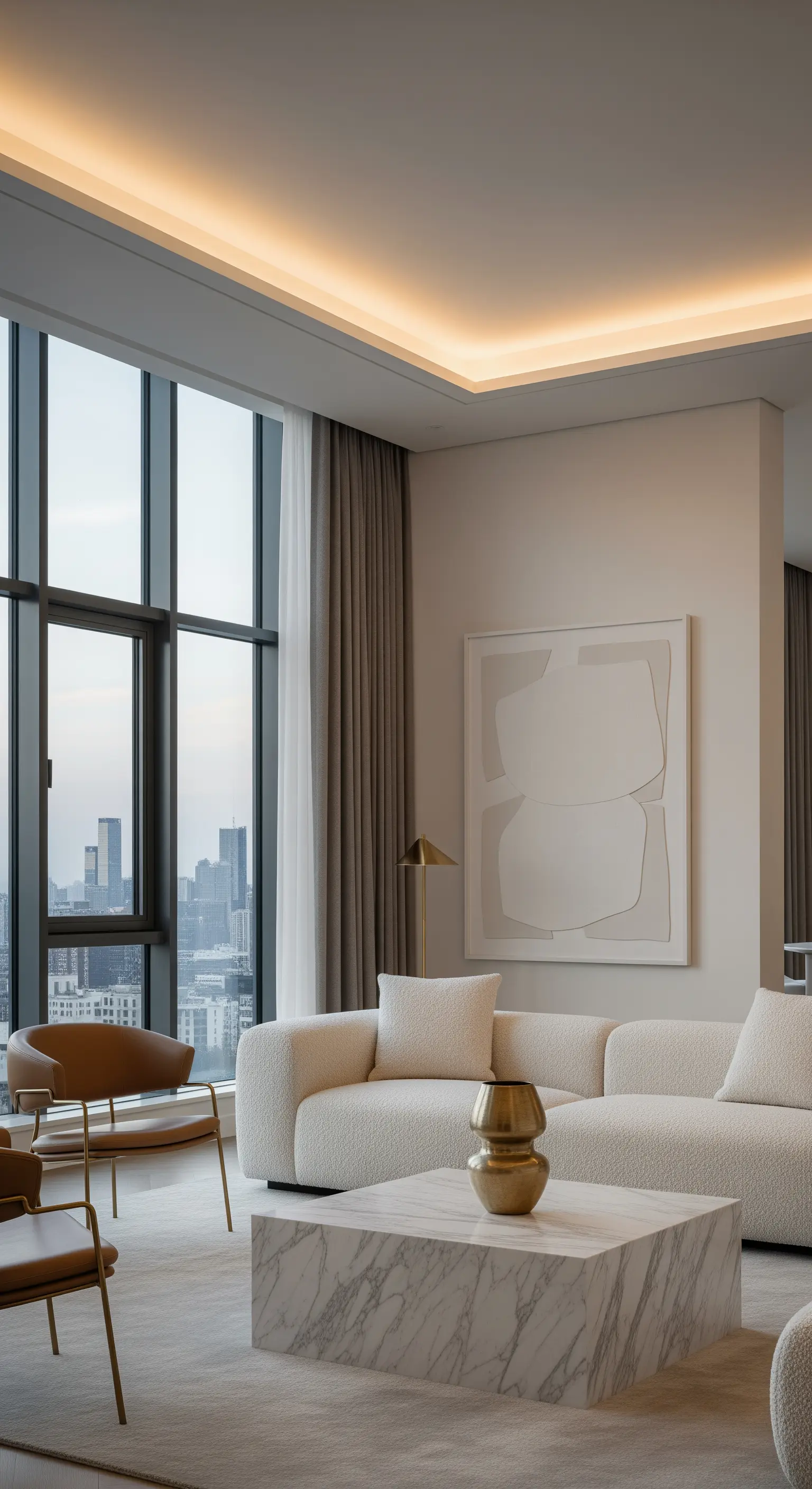 Modernes Wohnzimmer in Beigetönen mit einer goldenen Vase auf einem Marmortisch.