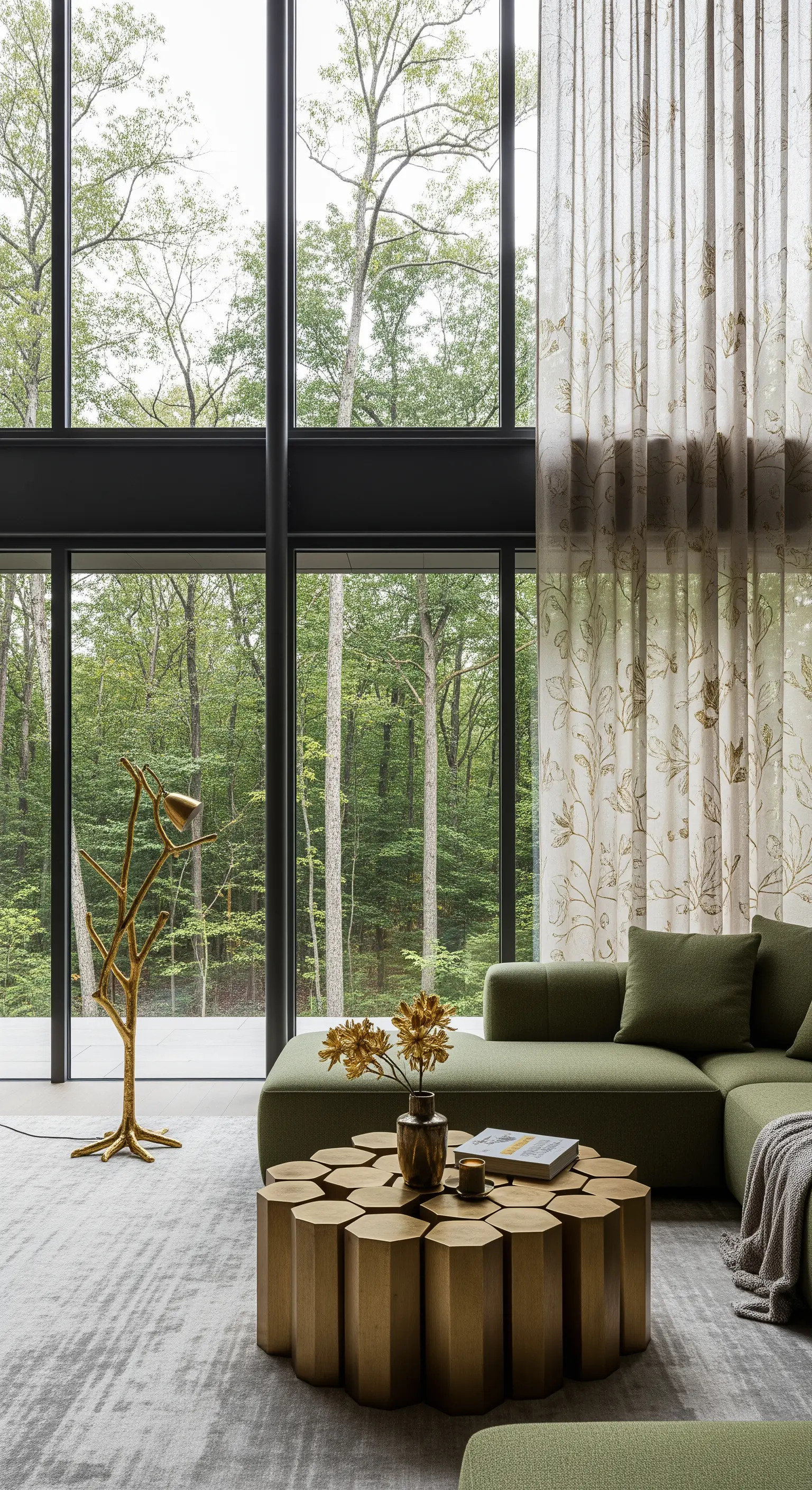 Wohnzimmer mit bodentiefen Fenstern zum Wald und einer goldenen Lampe, die das Grün reflektiert.