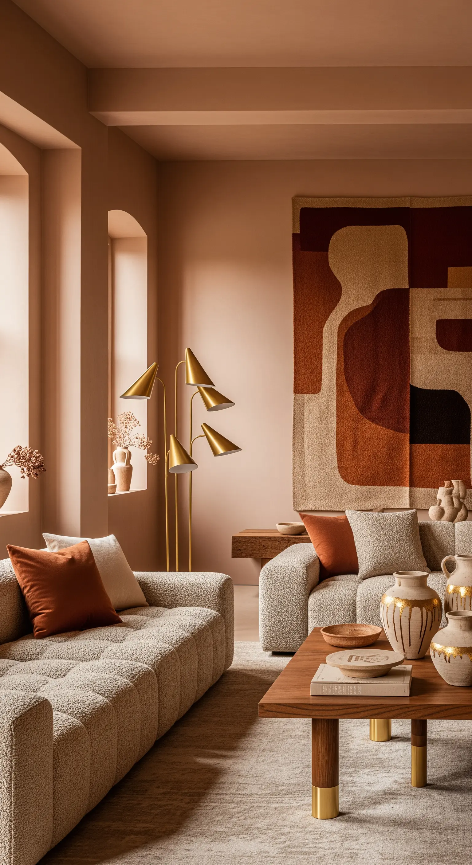 Wohnzimmer in Terrakotta-Tönen mit einer goldenen Stehlampe und passenden Deko-Objekten.