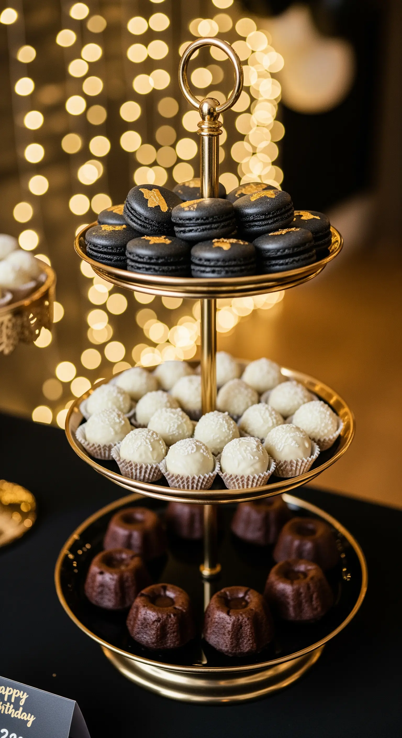 Elegante goldene Etagere mit schwarzen Macarons und weißen Pralinen vor Lichter-Bokeh.