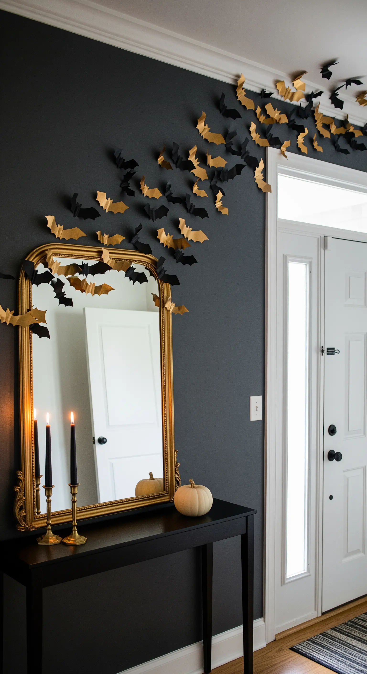 3D-Fledermäuse in Schwarz und Gold an einer dunklen Wand über einem Spiegel.
