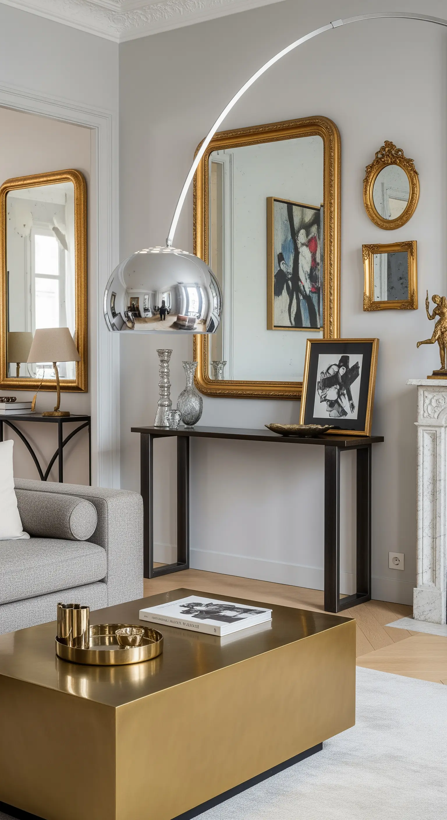 Modernes Wohnzimmer, das goldene und chromfarbene Metalle bei Möbeln, Lampe und Spiegeln mischt.