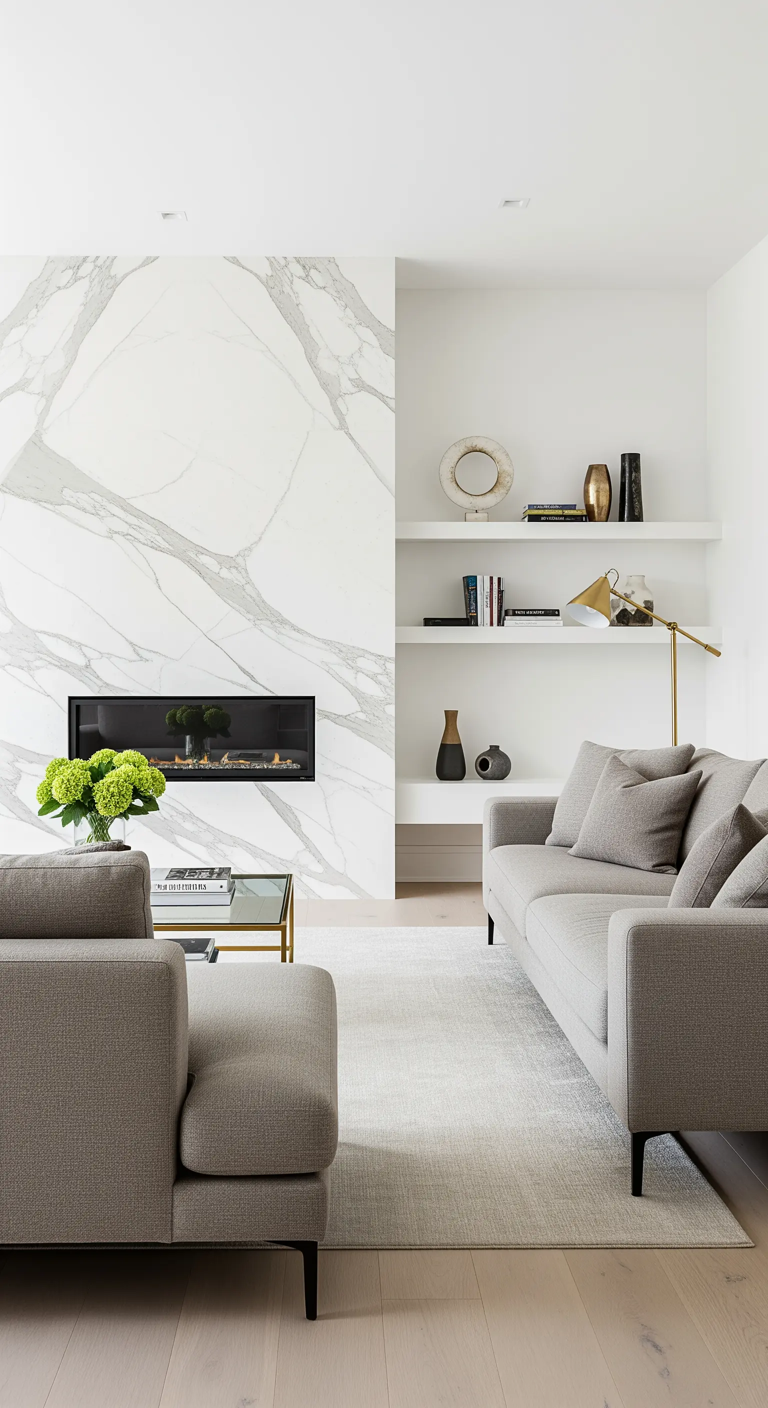 Minimalistisches Wohnzimmer mit einer großen Marmor-Kaminwand und einem dezenten Gold-Couchtisch.