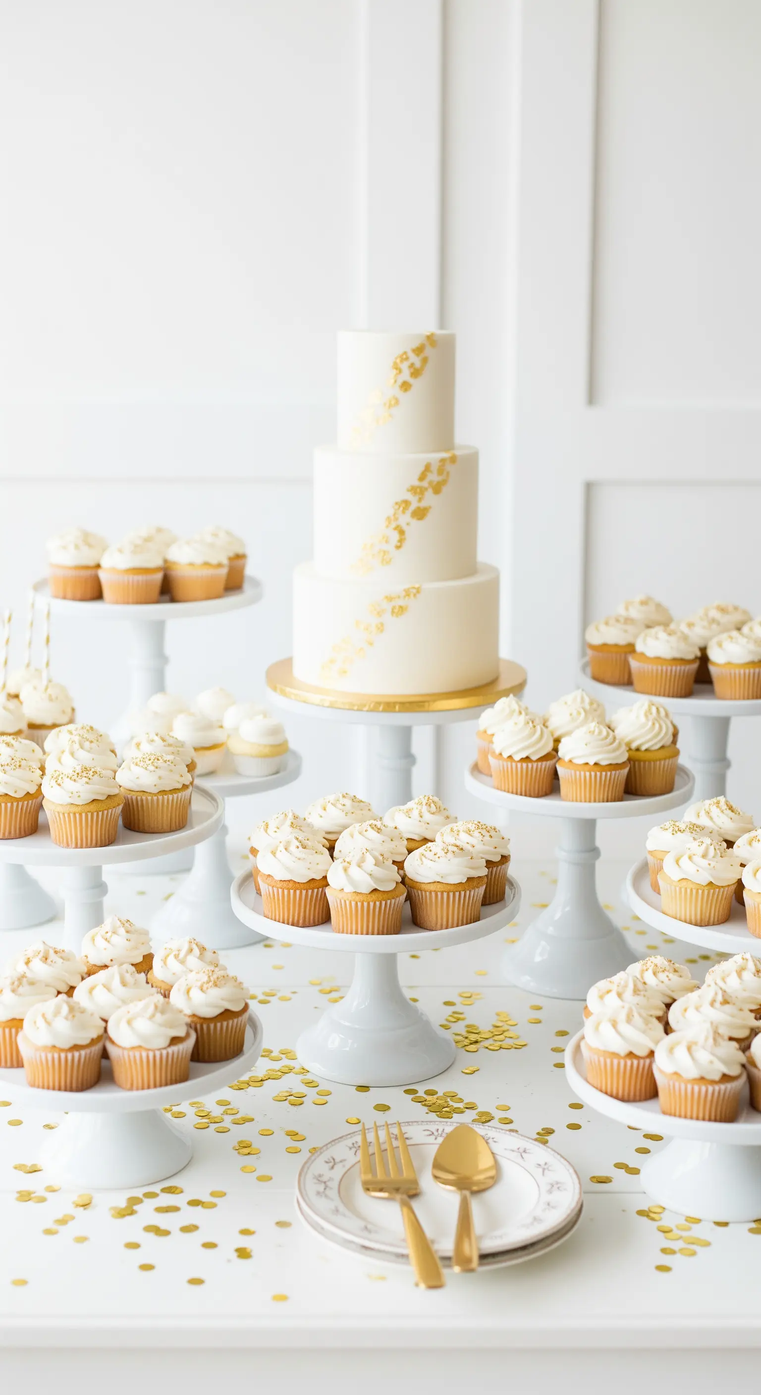 Sweet Table mit weißen Torten, Cupcakes und goldenen Streuseln