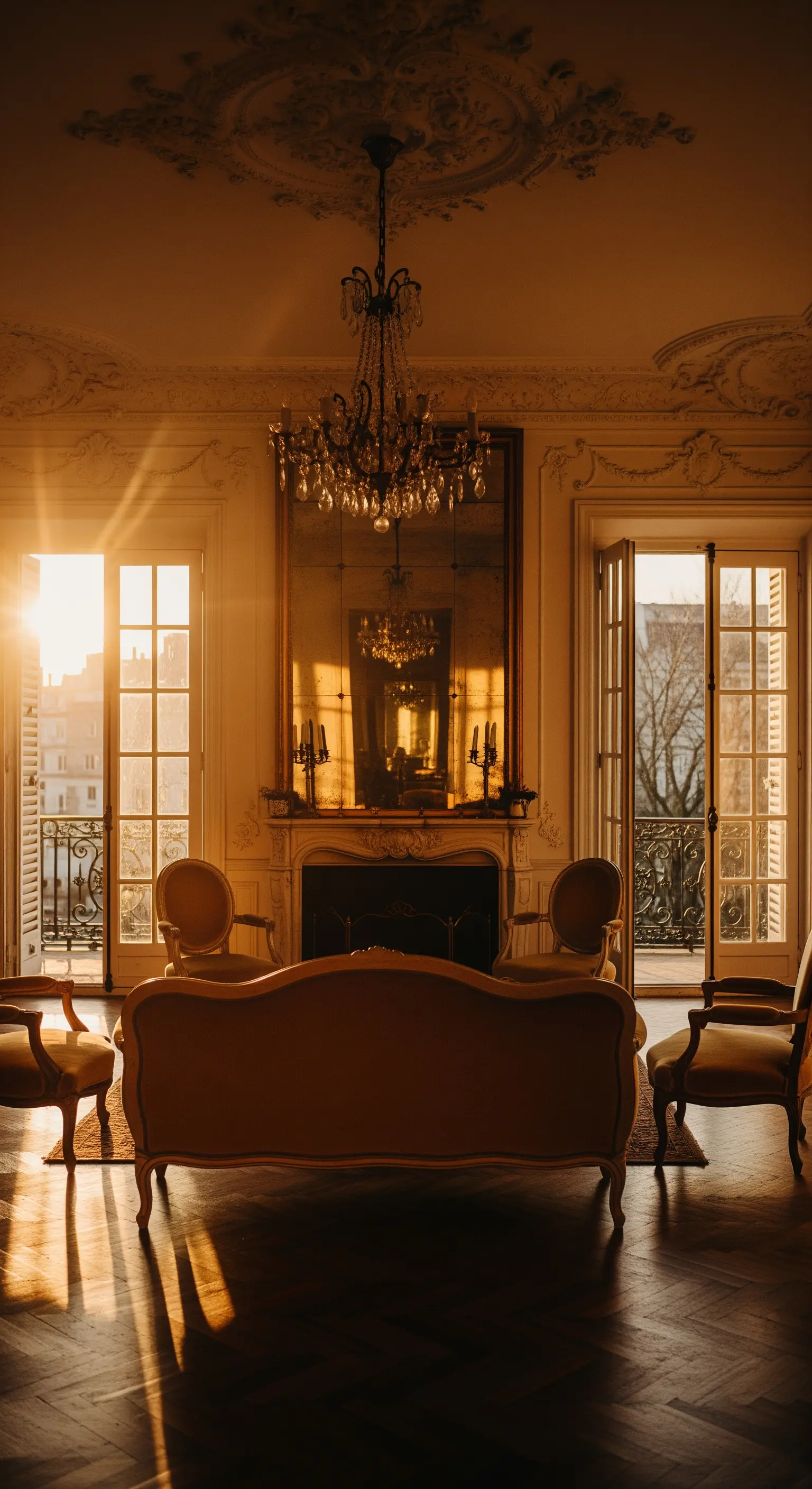Klassisches Pariser Wohnzimmer, das im goldenen Licht der Abendsonne erstrahlt.
