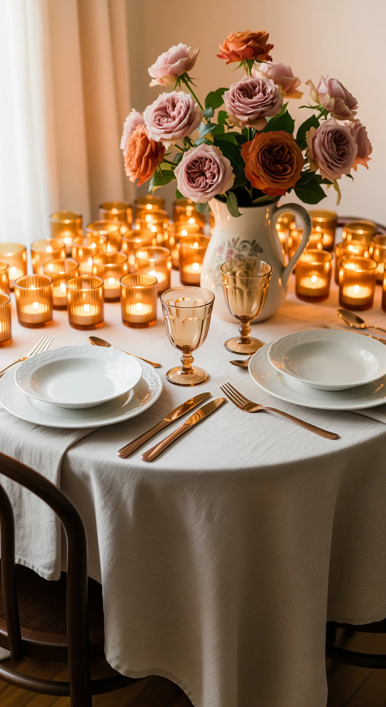 Tisch mit Rosenstrauß und einem Meer aus Teelichtern in bernsteinfarbenen Gläsern.