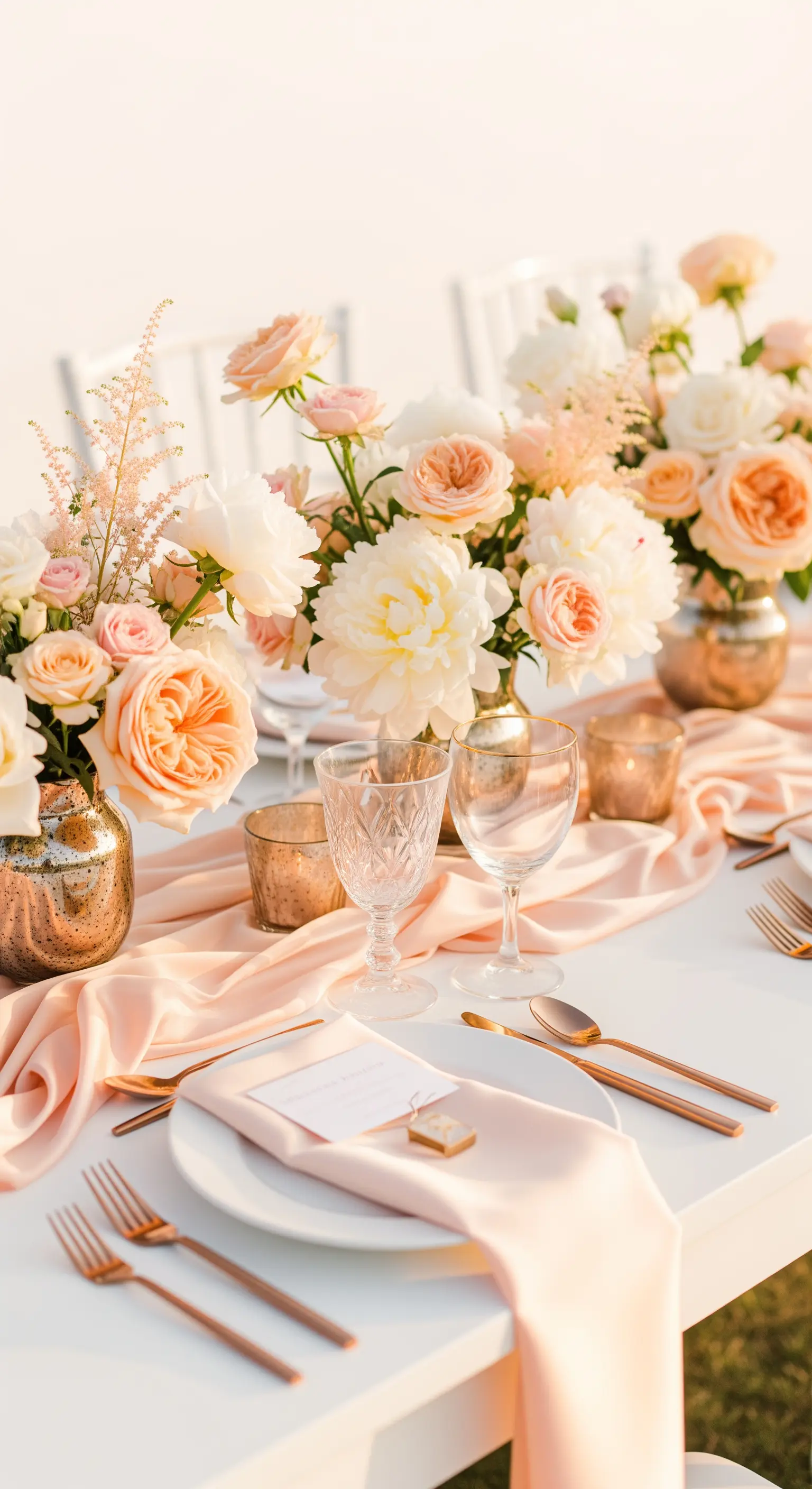 Romantische Tischdeko mit Pfingstrosen in Pfirsichtönen und kupferfarbenen Vasen
