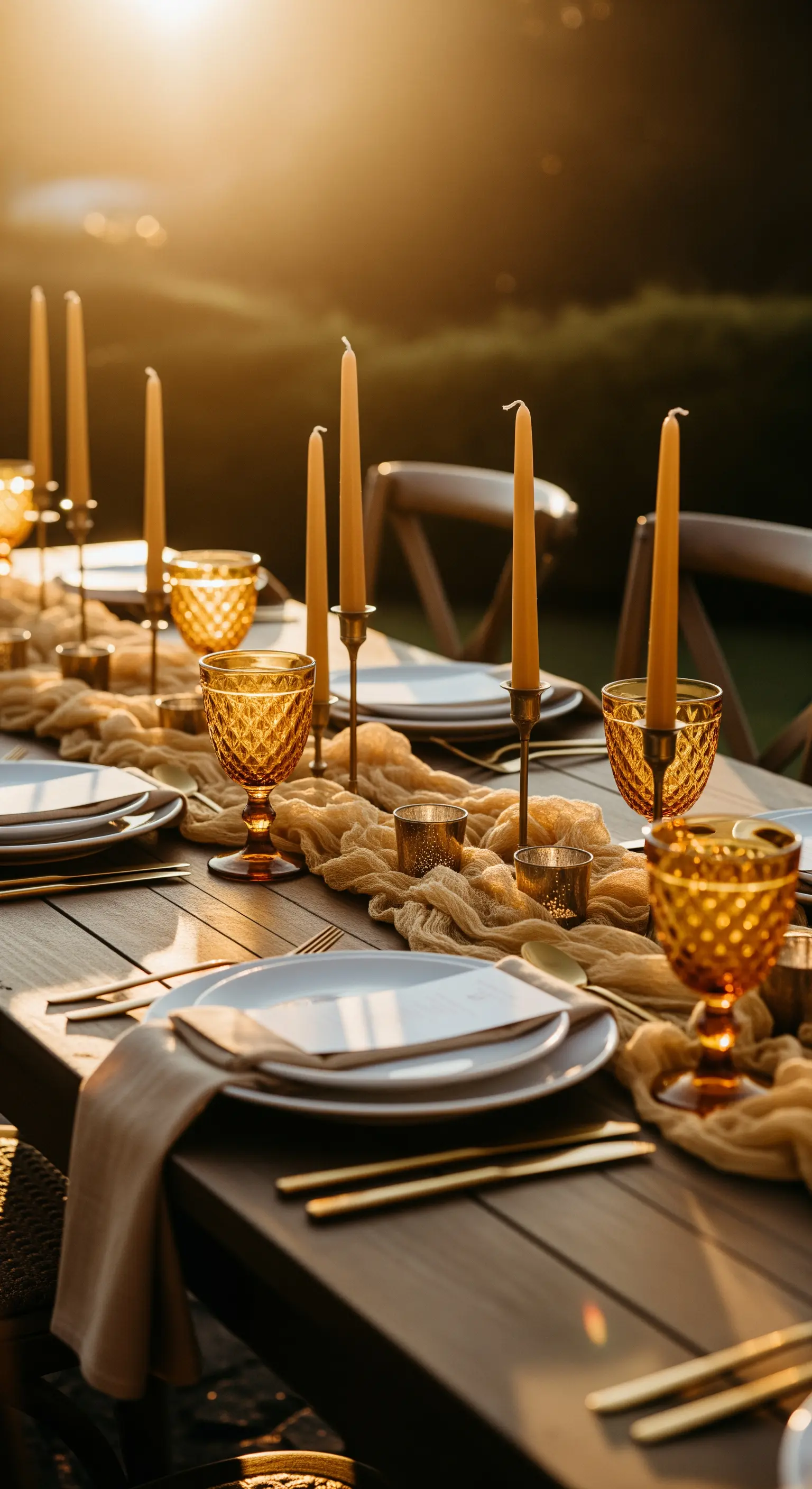 Tischdekoration im Abendlicht mit goldenem Besteck, Bernsteingläsern und hohen Kerzen.