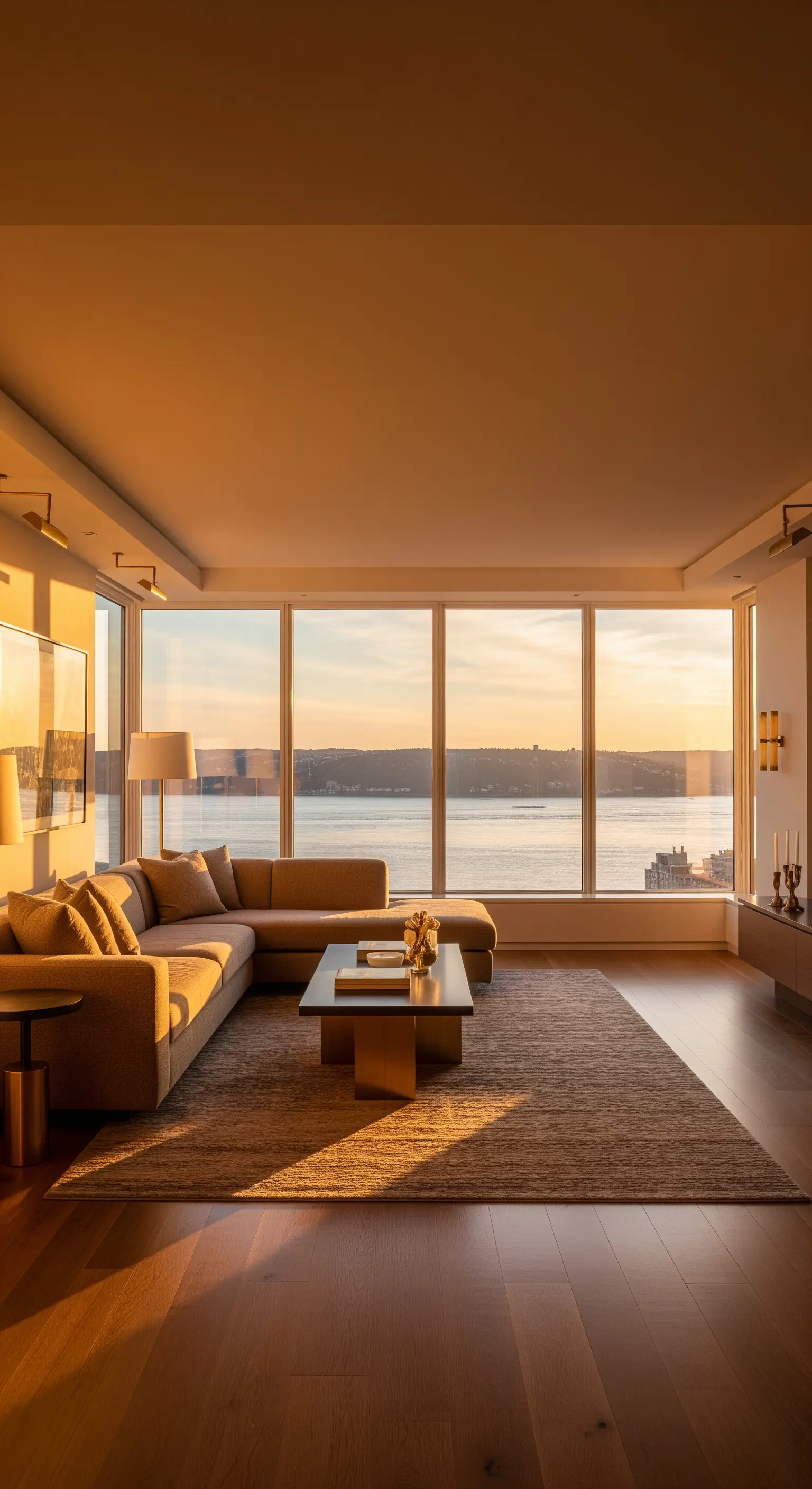 Wohnzimmer in warmem Sonnenuntergangslicht mit Blick auf das Wasser.