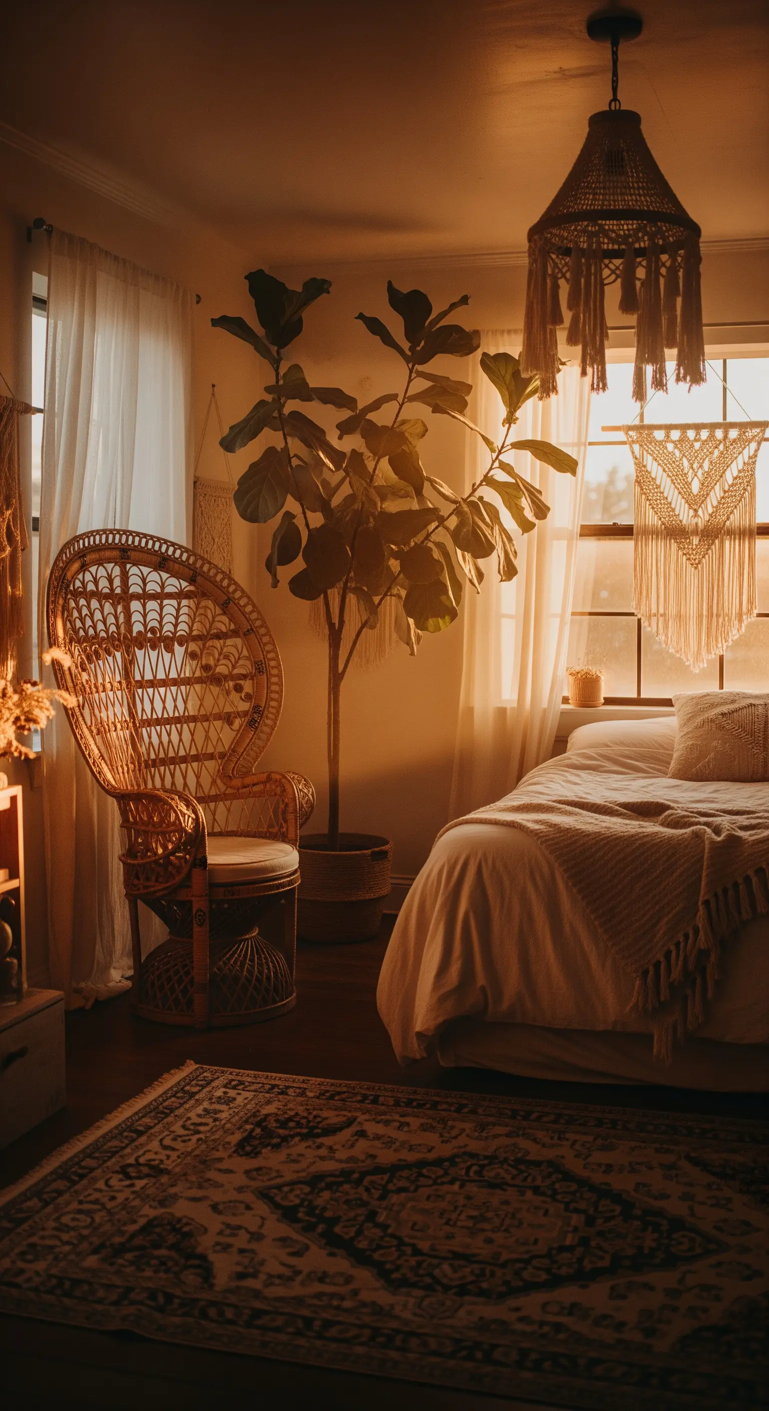 Ein Boho-Schlafzimmer getaucht in warmes, goldenes Abendlicht, mit einem Rattan-Pfauenstuhl.