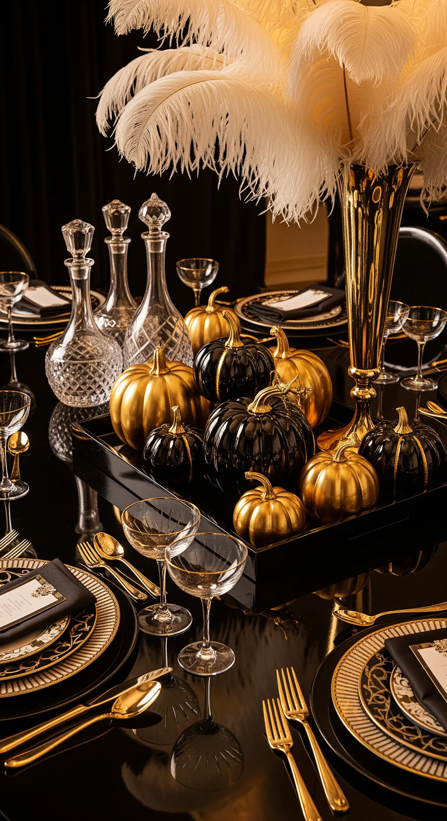 Glamouröses Art-déco-Arrangement mit schwarzen und goldenen Kürbissen und weißen Federn.