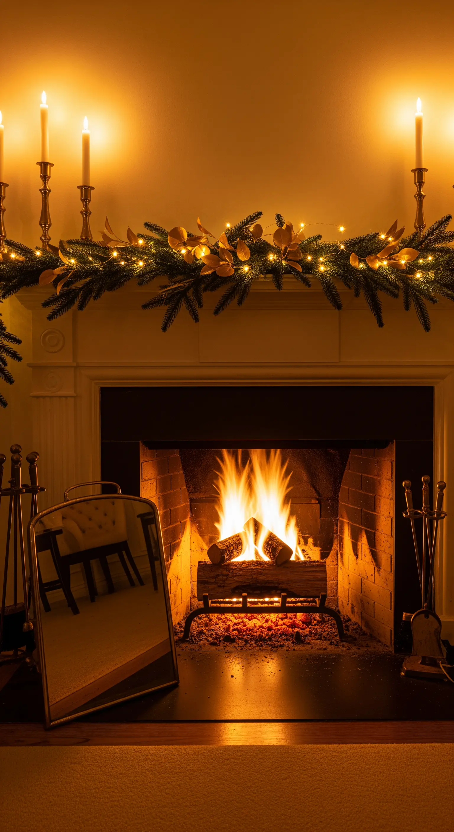 Kamin bei Nacht, beleuchtet durch Feuer, Lichterketten und hohe Kerzen.