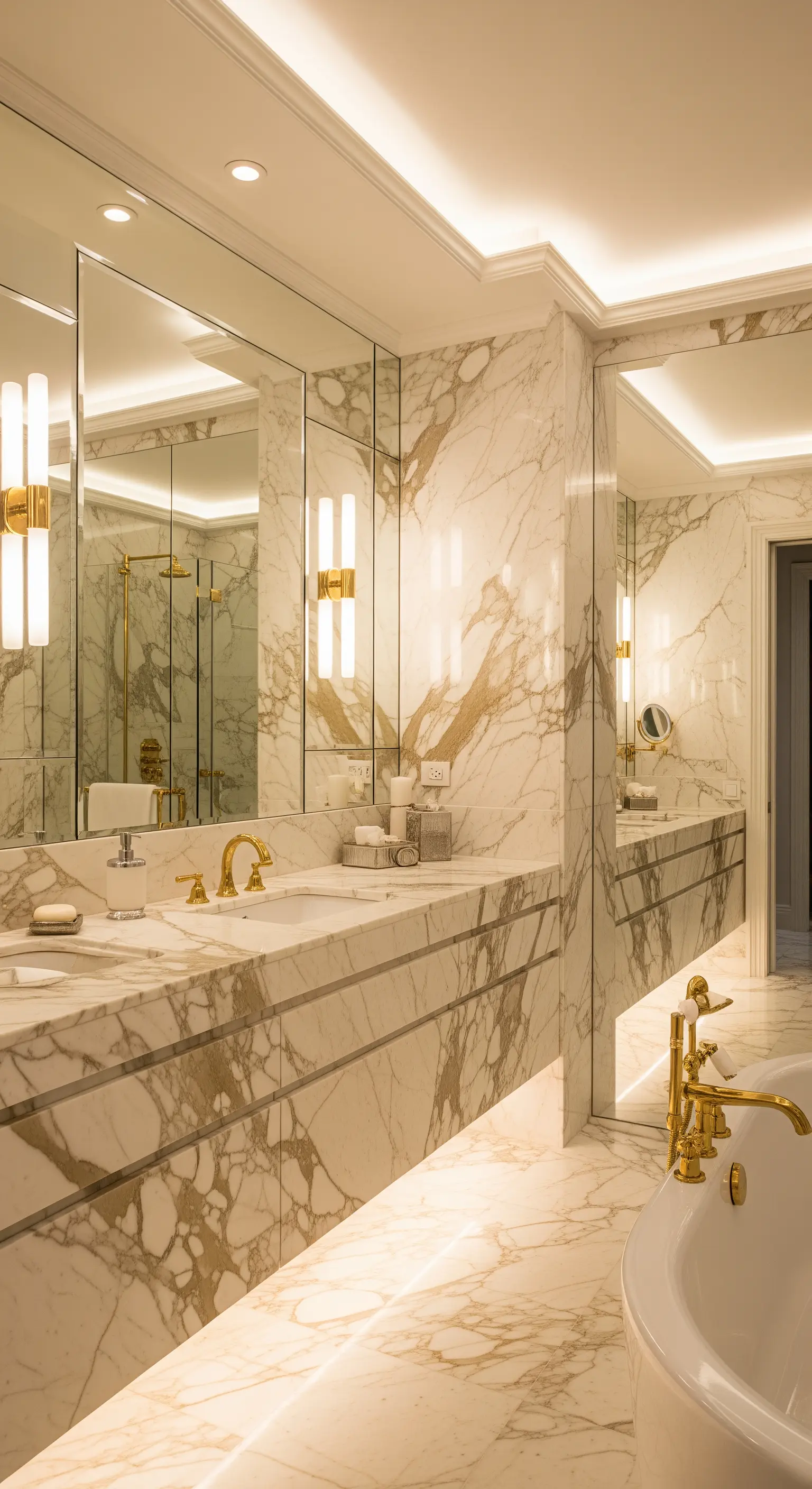 Luxuriöses Badezimmer, vollständig mit Calacatta-Gold-Marmor und integrierter Beleuchtung verkleidet.