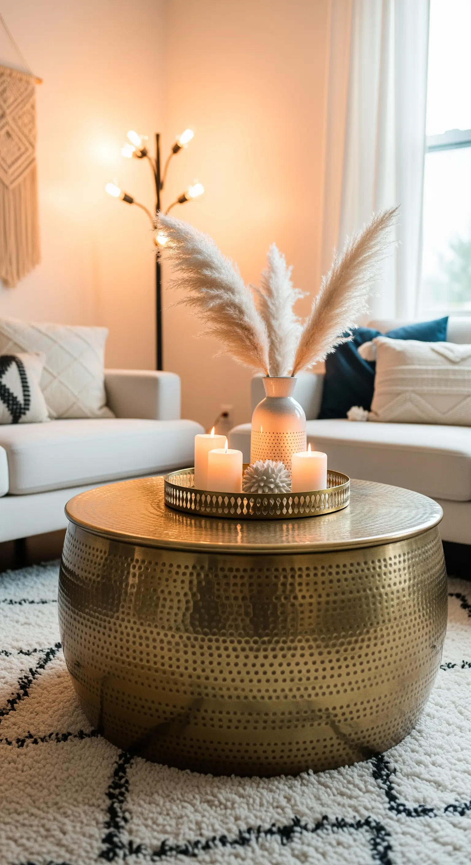 Ein runder, gehämmerter Gold-Couchtisch mit einem Tablett voller Kerzen und Pampasgras in einer Vase.