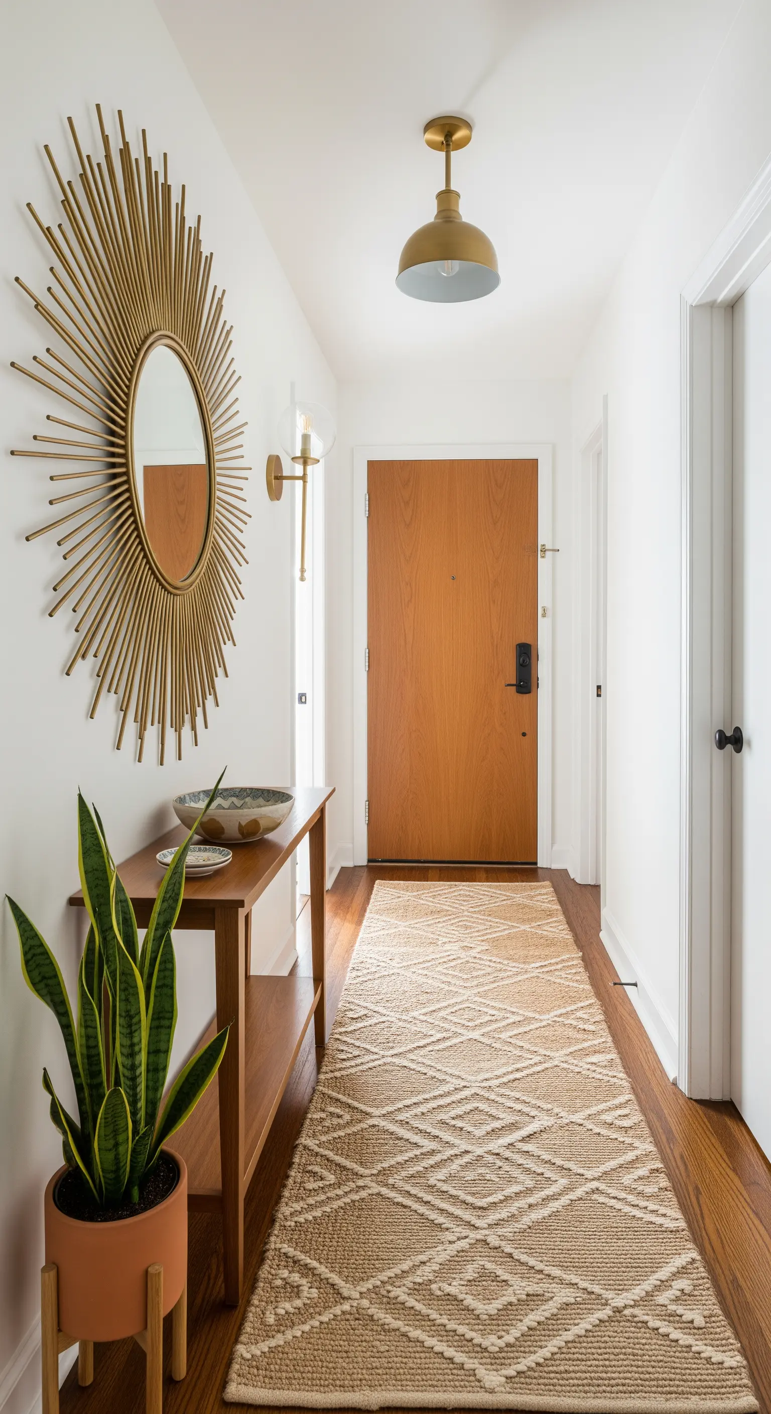 Heller Flur mit einem goldenen Sonnenstrahlenspiegel, Holztisch und einem Jute-Läufer.