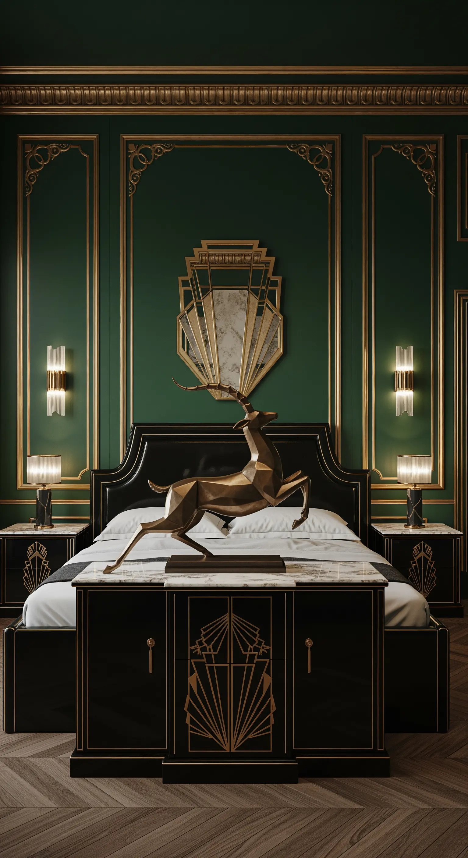 Goldene Hirsch-Skulptur im Art-Déco-Schlafzimmer mit dunkelgrünen Wänden und Goldverzierungen.