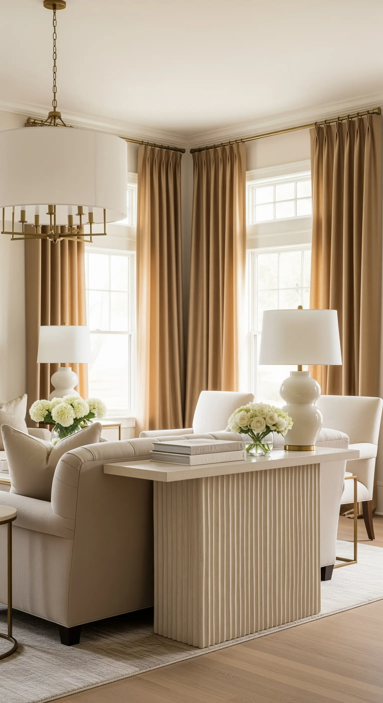 Wohnzimmer in neutralen Tönen mit goldenen Vorhängen und einer Konsole hinter dem Sofa.