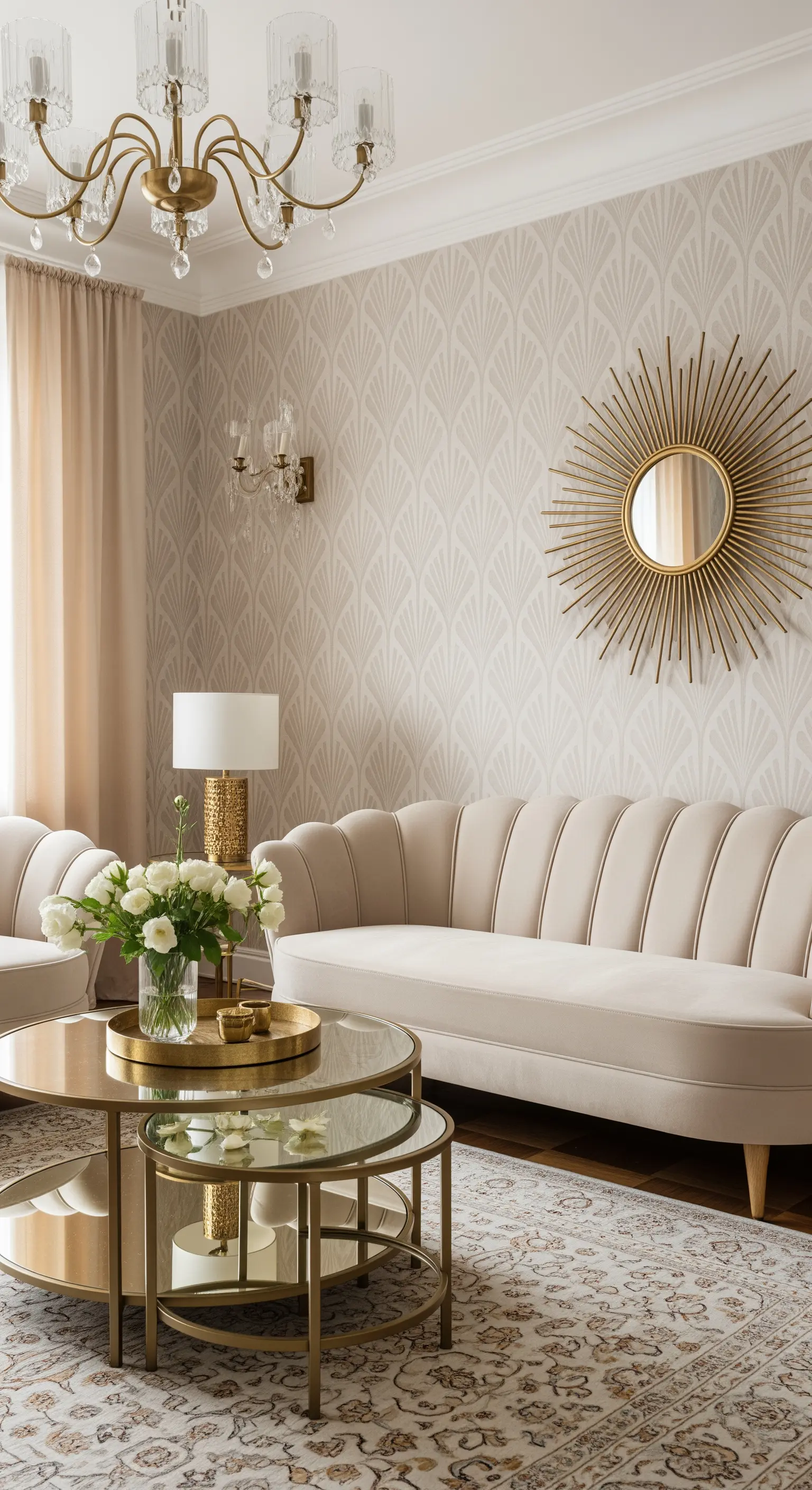 Art-Deco-Wohnzimmer mit beigem Samtsofa, Goldspiegel und gemusterter Tapete.