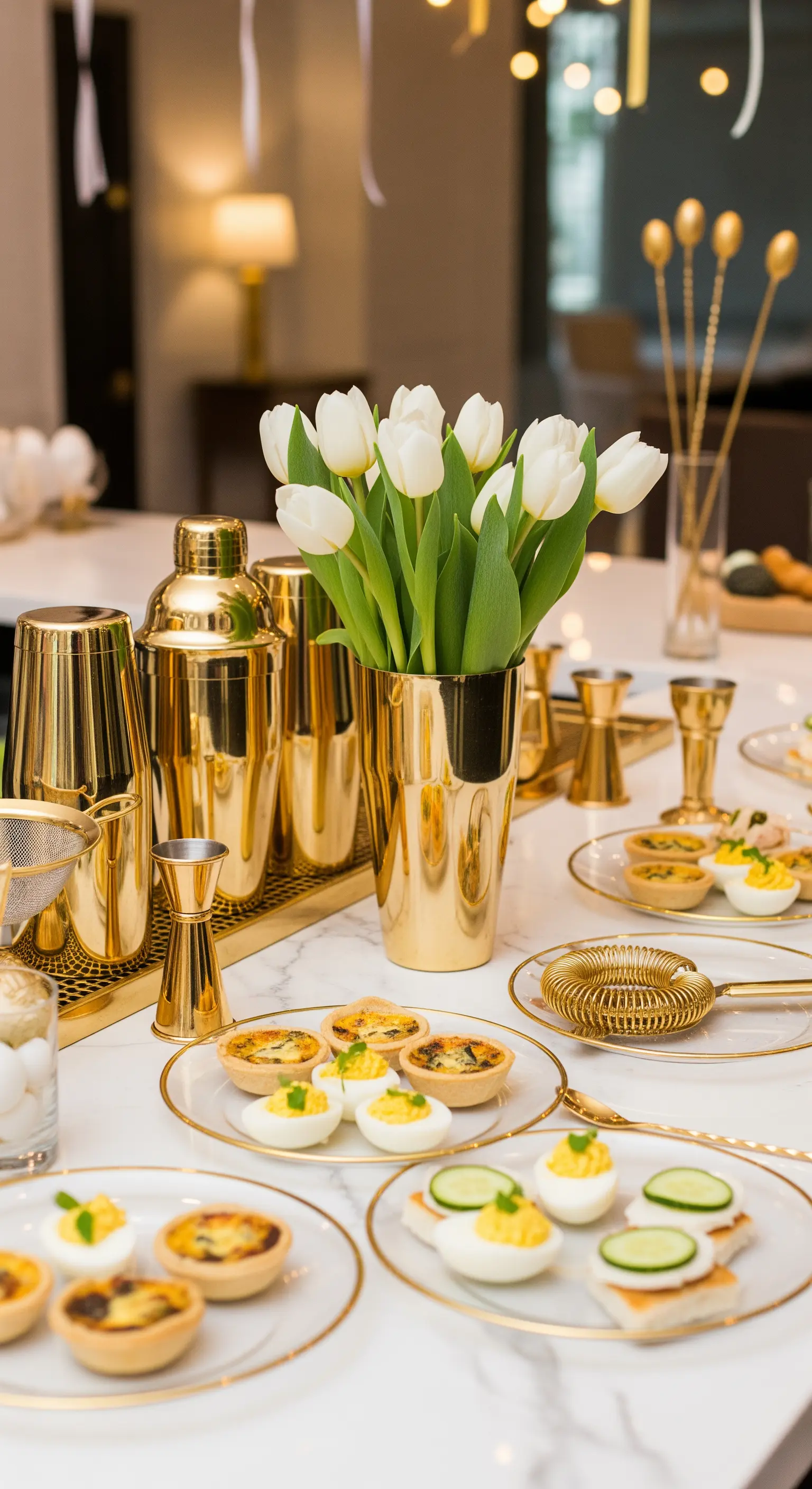 Oster-Buffet mit weißen Tulpen, goldenen Bar-Tools und Snacks