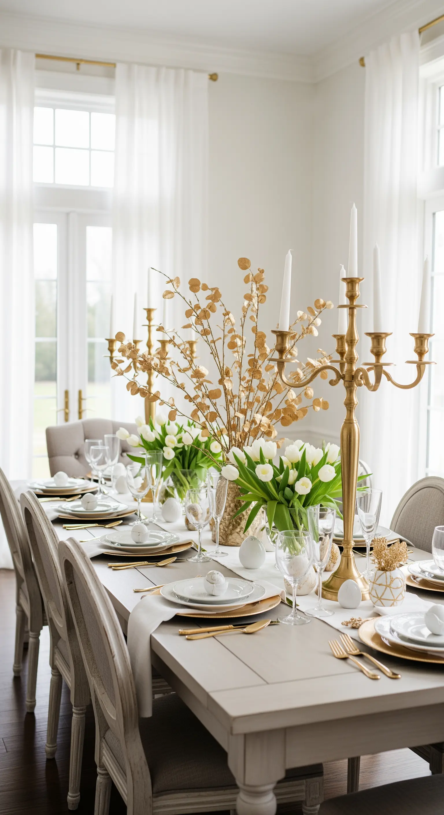 Luxuriöse Oster-Tafel mit Gold und weißen Tulpen