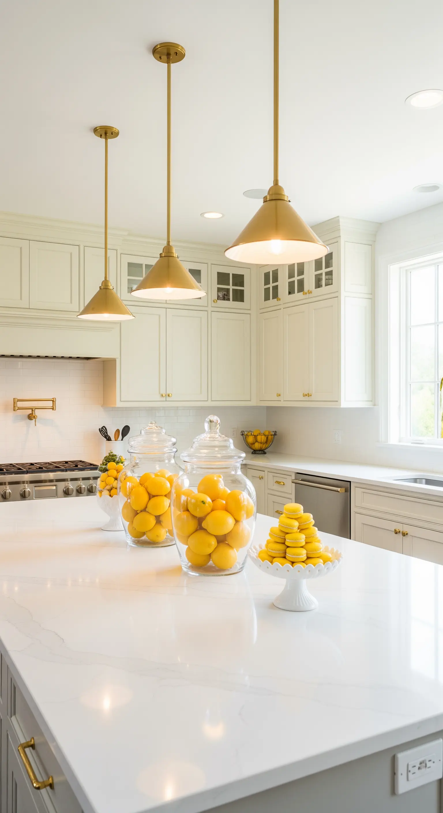 Kücheninsel mit goldenen Pendelleuchten und Zitronen-Deko